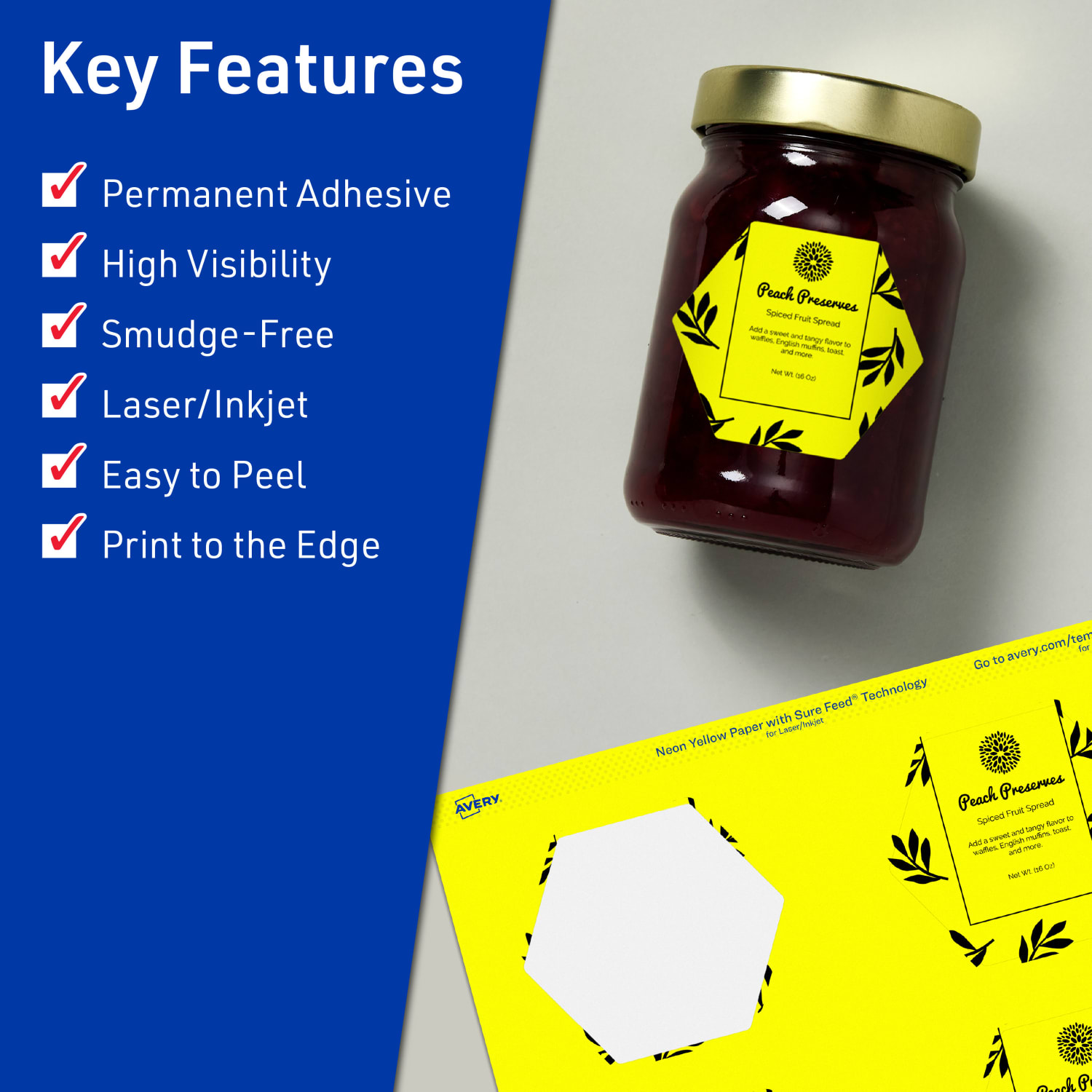Avery Print-To-The-Edge Labels With Sure Feed Technology, 94121-NYP10, Hexagon, 2-1/2in x 2-57/64in, Matte Neon Yellow, Pack of 60 - Image 3
