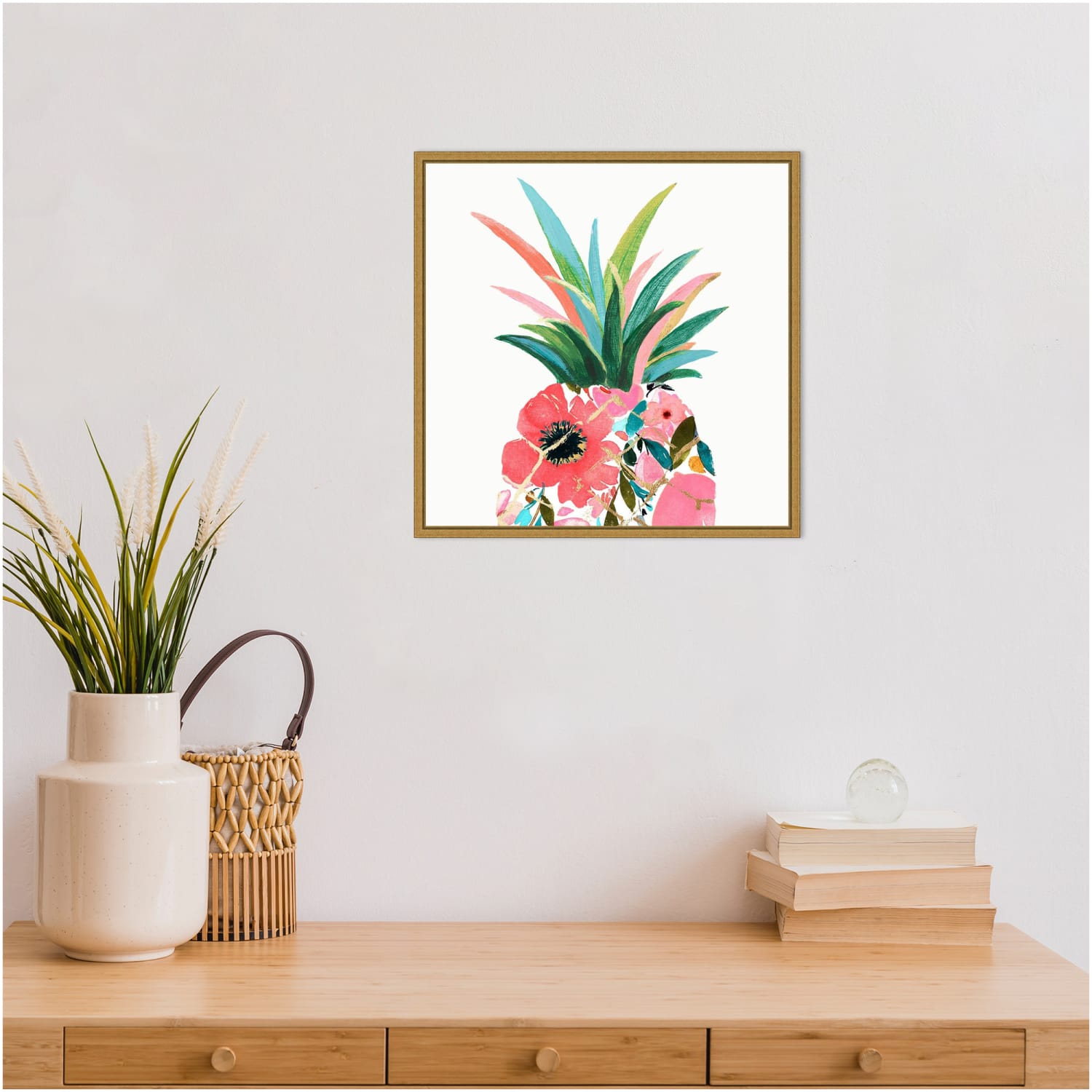 Amanti Art Pina Colada (Floral Pineapple) by Eva Watts Framed Canvas Wall Art Print, 16in x 16in, Gold - Image 3