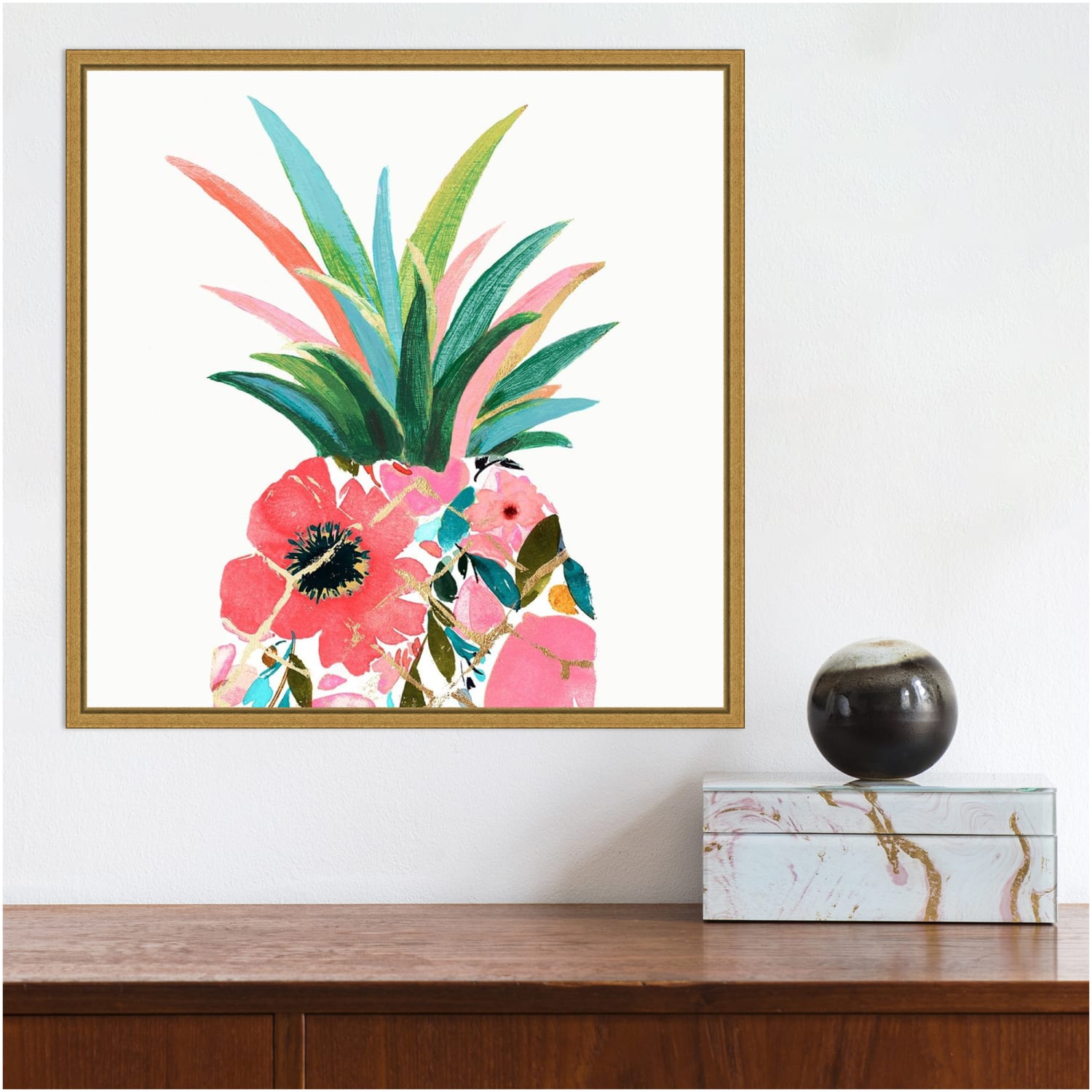 Amanti Art Pina Colada (Floral Pineapple) by Eva Watts Framed Canvas Wall Art Print, 16in x 16in, Gold - Image 4