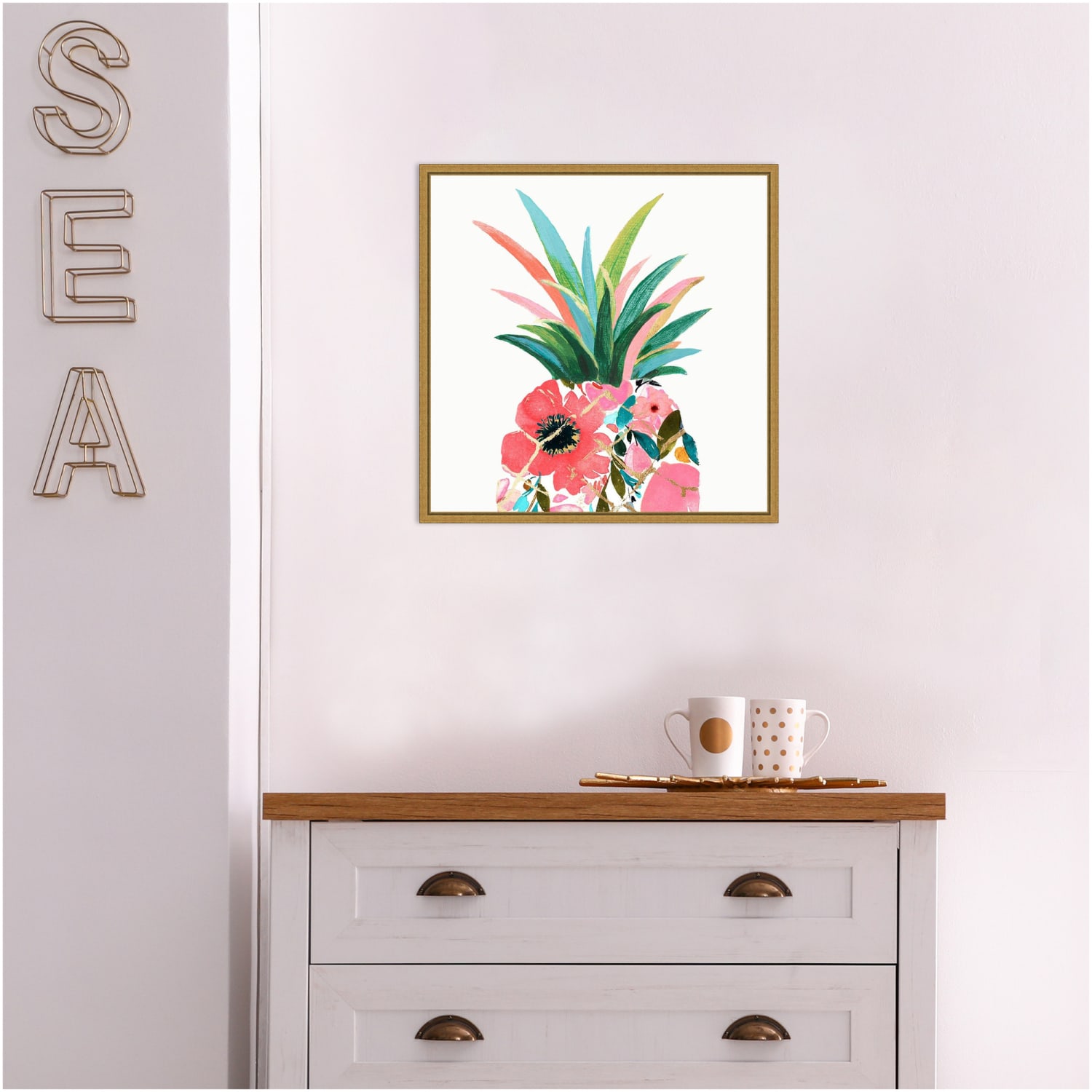 Amanti Art Pina Colada (Floral Pineapple) by Eva Watts Framed Canvas Wall Art Print, 16in x 16in, Gold - Image 5