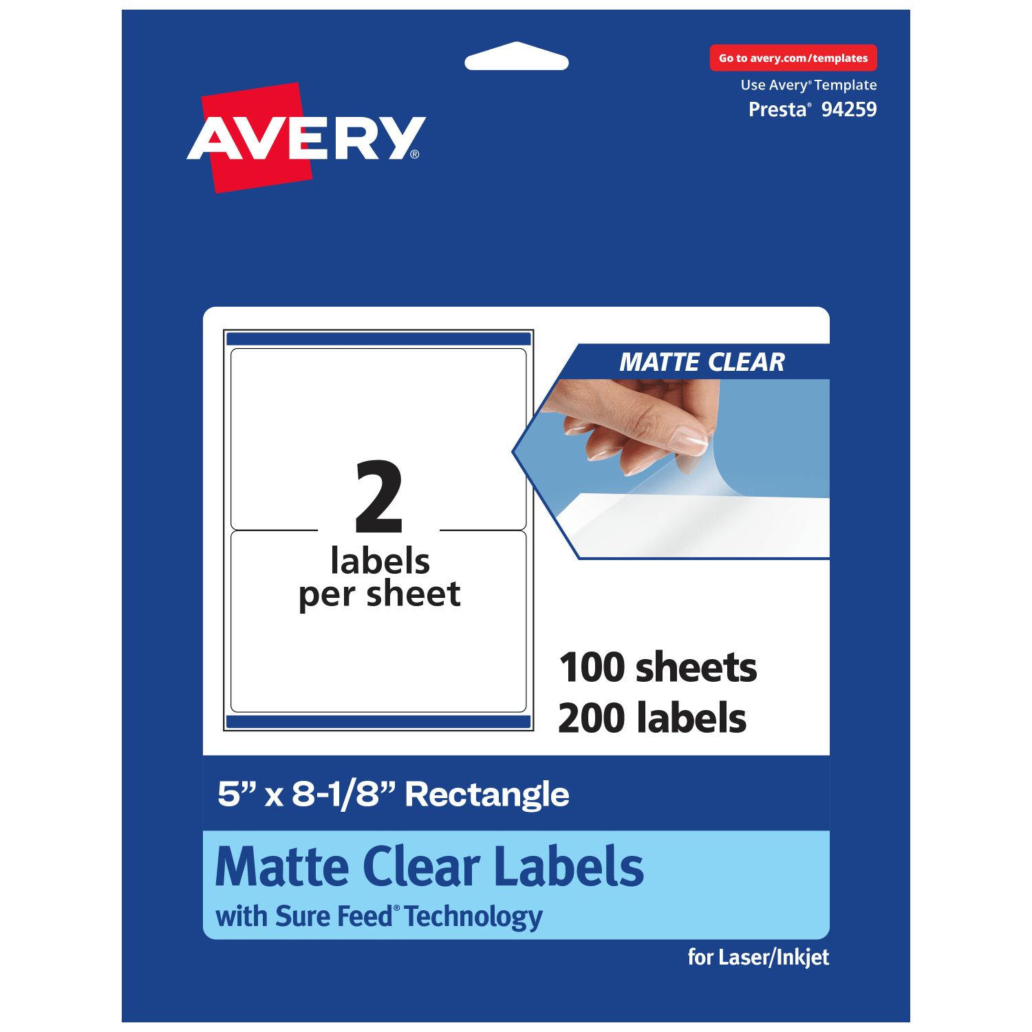 Avery Permanent Labels With Sure Feed, 94259-CMF100, Rectangle, 5in x 8-1/8in, Matte Clear, Pack Of 200