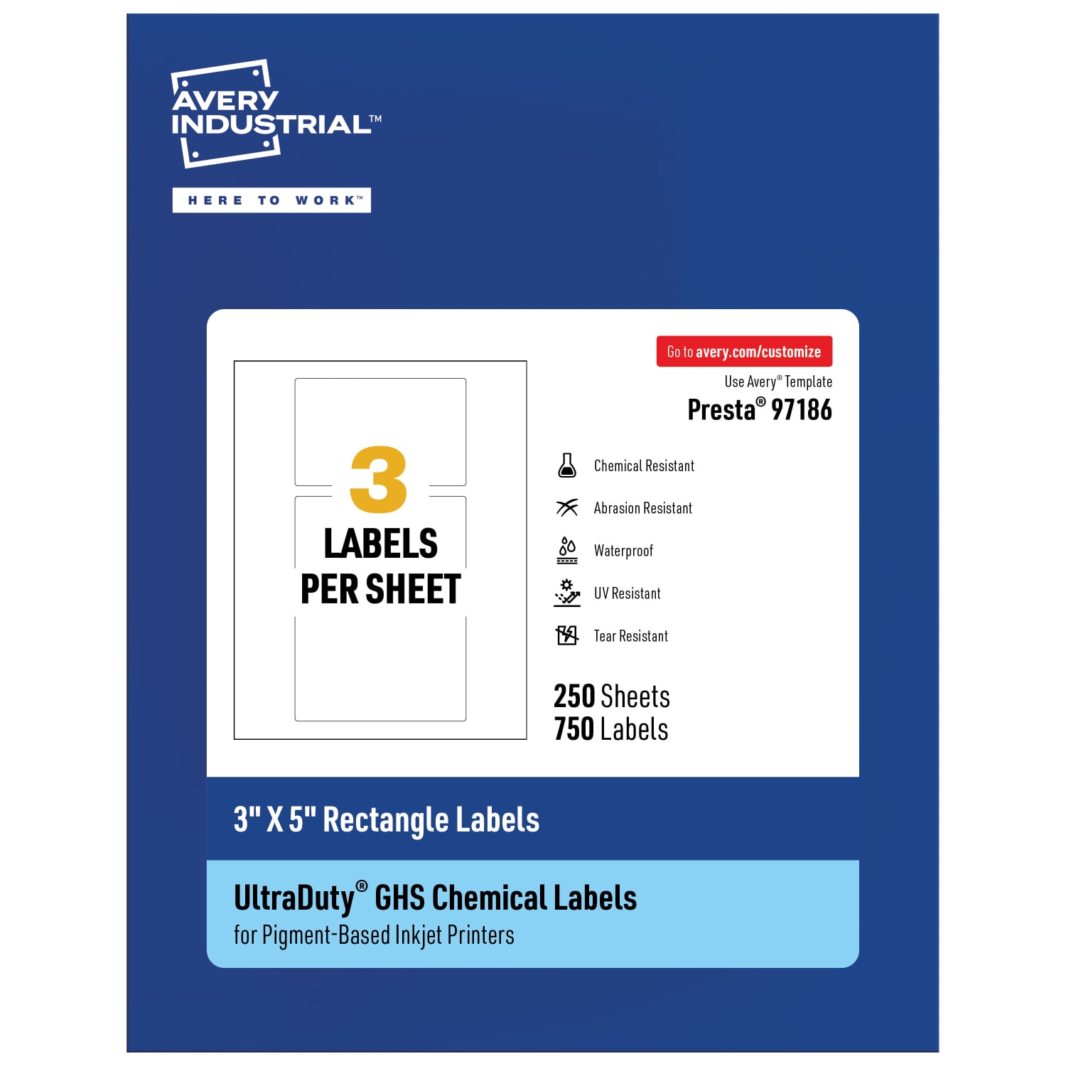 Avery Ultra Duty Permanent GHS Chemical Labels, 97186-WMUI250, Rectangle, 3in x 5in, White, Pack Of 750