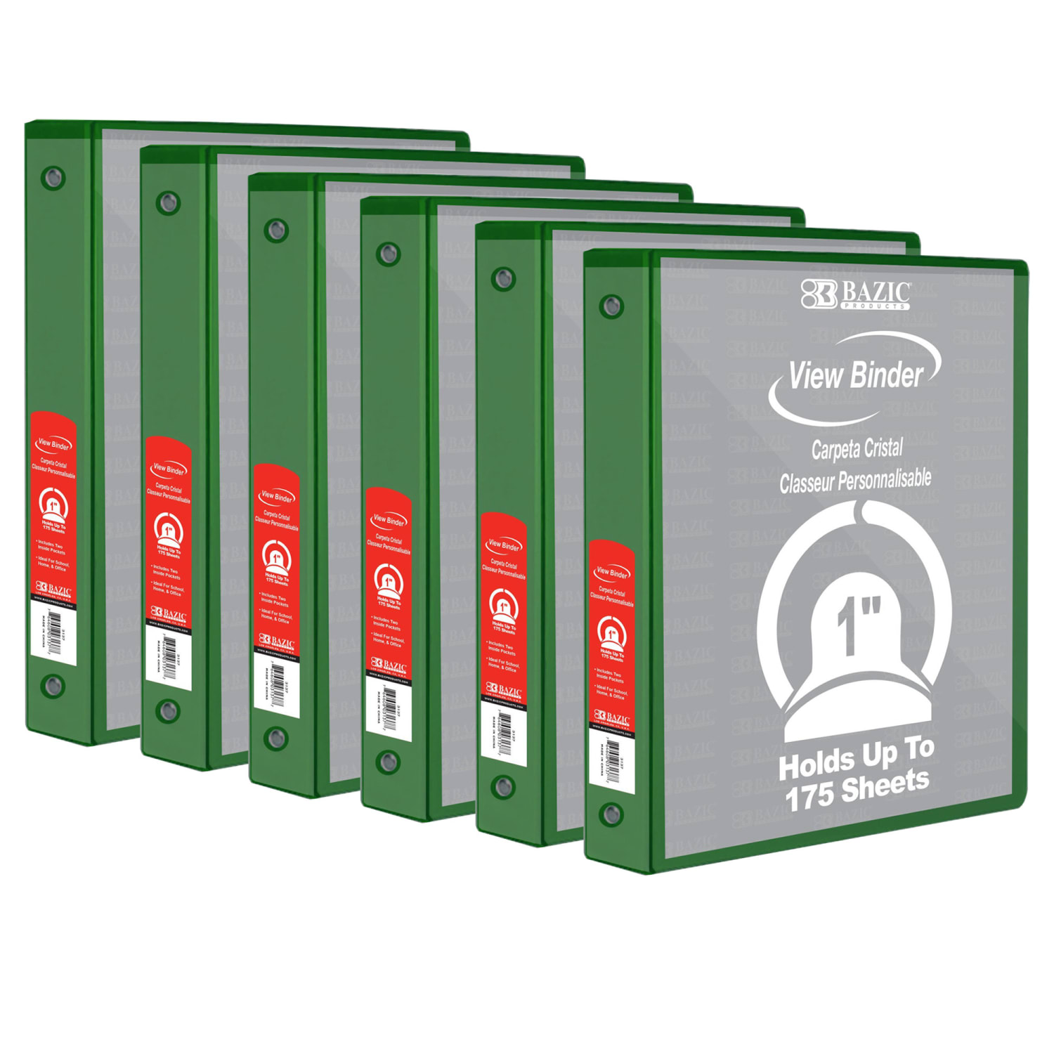 BAZIC Products 3-Ring View Binder With 2 Pockets, 1in Round, Green, Pack Of 6