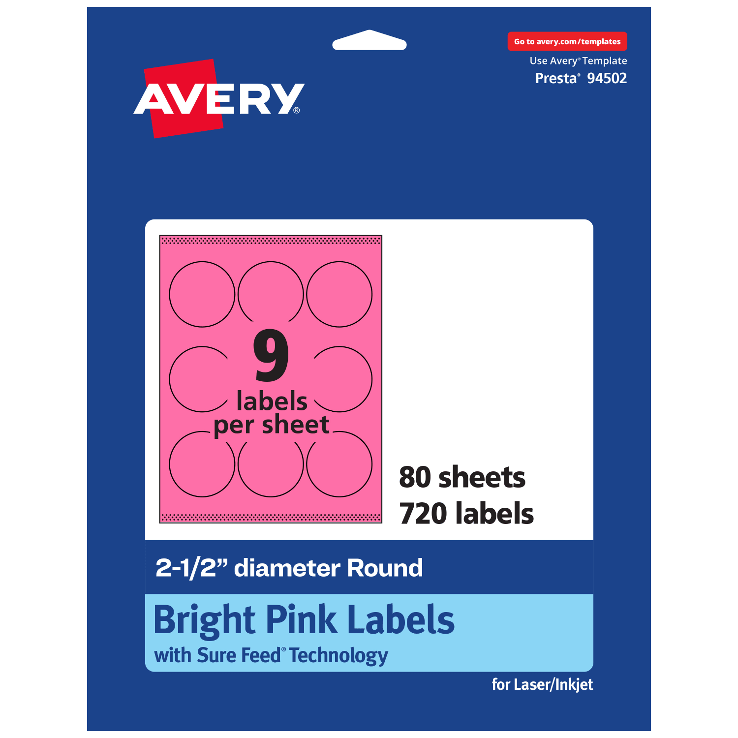 Avery Print-To-The-Edge Labels With Sure Feed Technology, 94502-BPP80, Round, 2-1/2in, Matte Bright Pink, Pack of 720