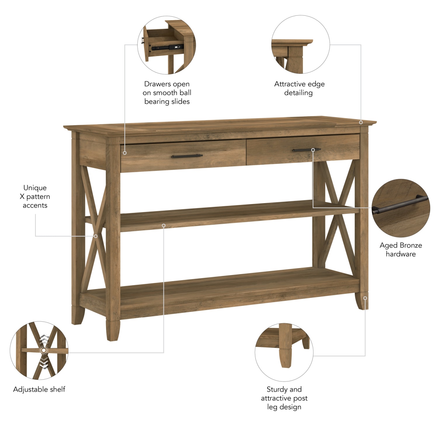 Bush Furniture Key West Console Table With Drawers And Shelves, Reclaimed Pine, Standard Delivery - Image 4