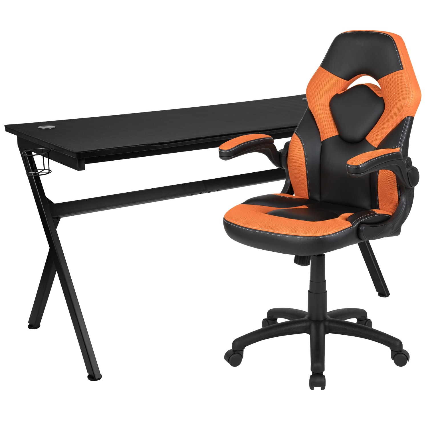 Flash Furniture Gaming Desk And Racing Chair Set With Cup Holder, Headphone Hook & Removable Mouse Pad Top, Orange - Image 3
