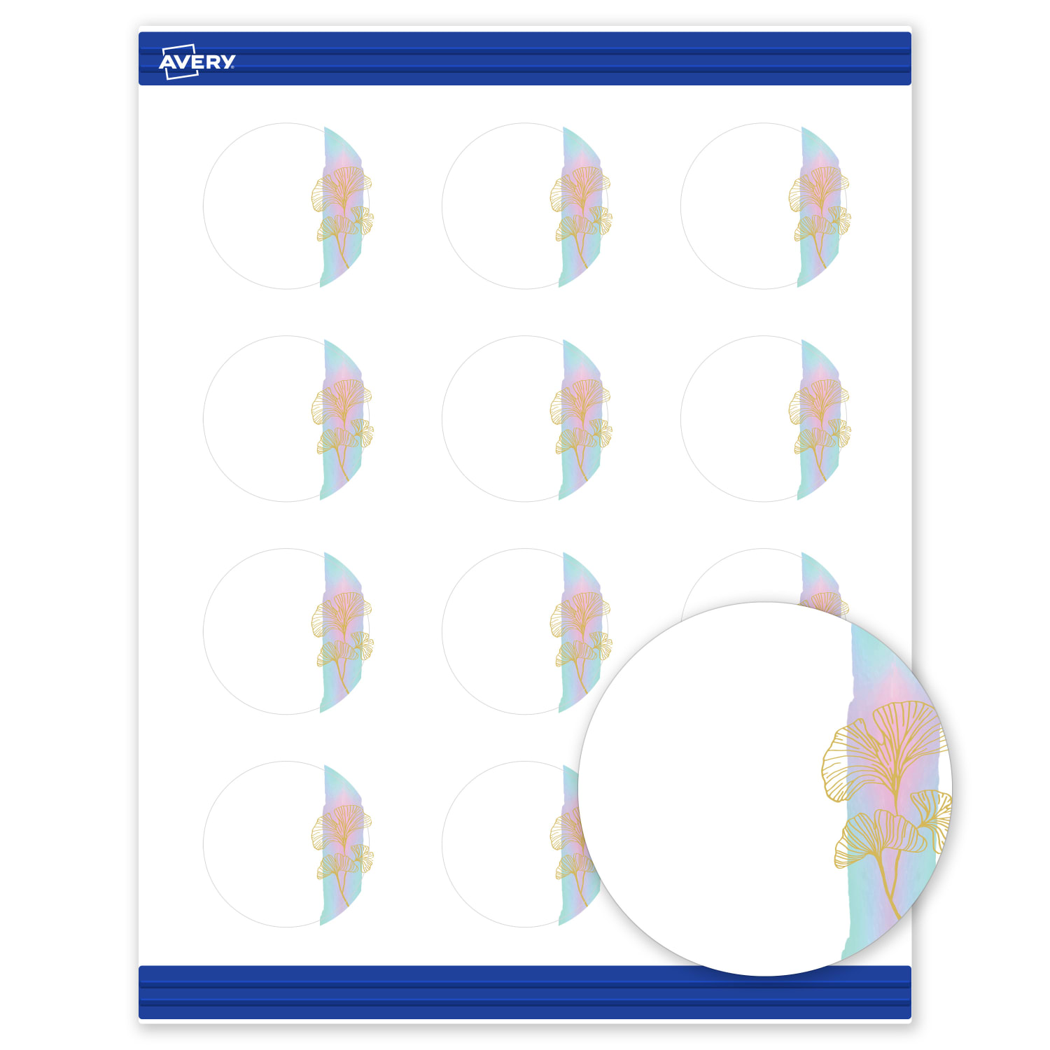 Avery Printable Round Cards With Sure Feed Technology, 2in, Matte White With Preprinted Watercolor/Gold Leaf Design, Pack Of 120 - Image 3