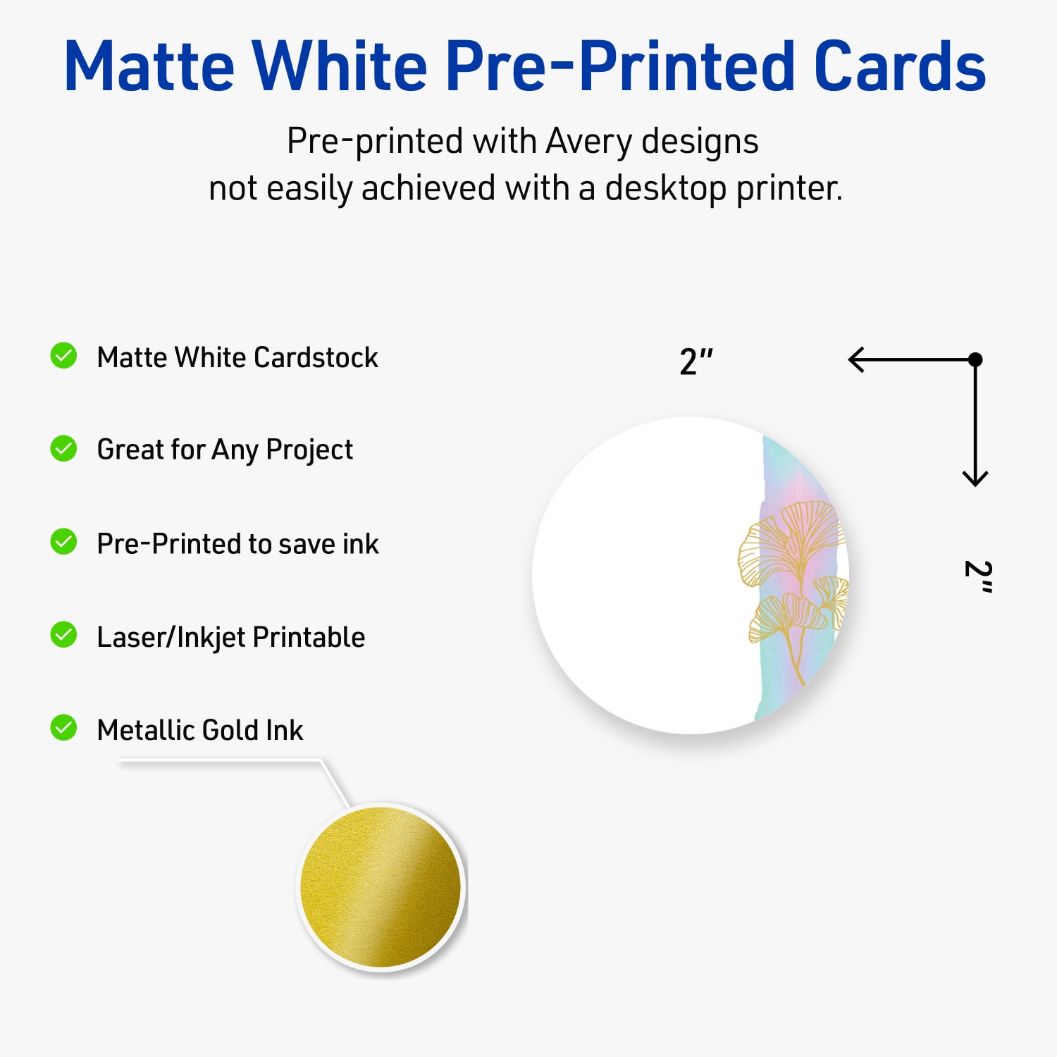 Avery Printable Round Cards With Sure Feed Technology, 2in, Matte White With Preprinted Watercolor/Gold Leaf Design, Pack Of 120 - Image 4