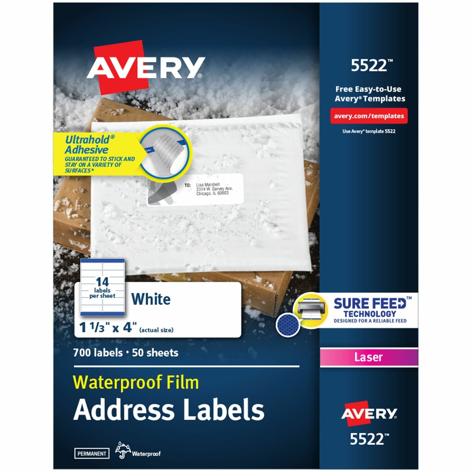 Avery WeatherProof Mailing Labels with TrueBlock Technology, AVE5522, Permanent Adhesive, White, Polyester, 14 Per Sheet, Pack Of 700