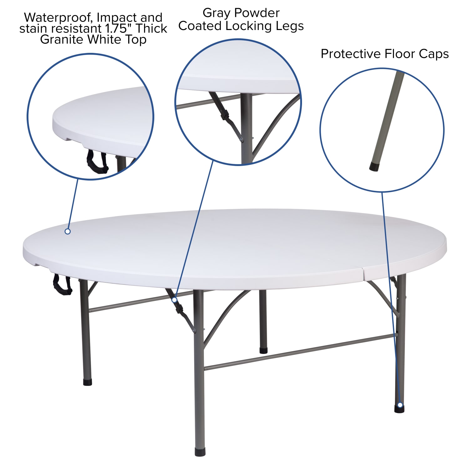 Flash Furniture Round Bi-Fold Plastic Banquet And Event Folding Table With Carrying Handle, 29inH x 70-3/4inW x 70-3/4inD, Granite White/Gray - Image 6