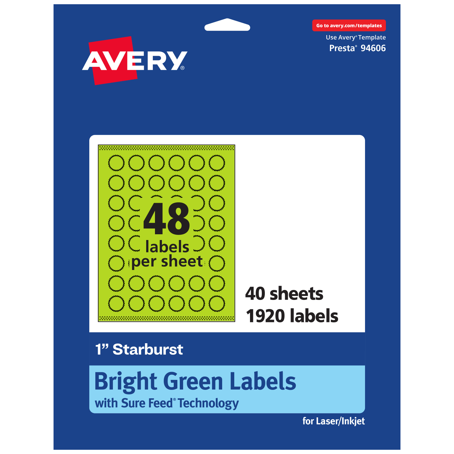 Avery Print-To-The-Edge Labels With Sure Feed Technology, 94606-BGP40, Starburst, 1in, Matte Bright Green, Pack of 1920