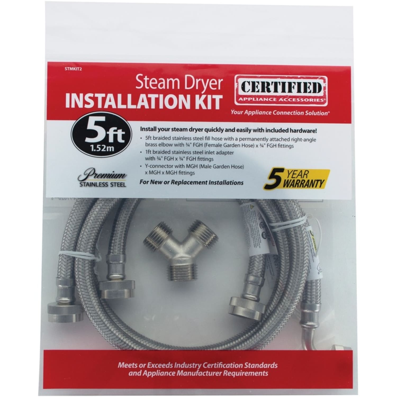 Certified Appliance Accessories Braided Stainless Steel Steam Dryer Installation Kit with Elbow, 5ft - Stainless Steel, PVC, Polyester, Vinyl - Silver, Clear - Image 3