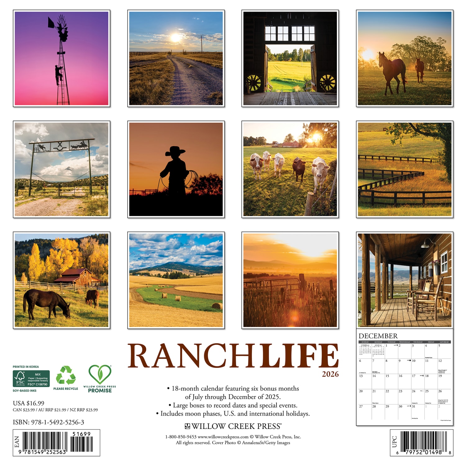 2026 Willow Creek Press Scenic Monthly Wall Calendar, 12in x 12in, RanchLife, January To December, 52563 - Image 6