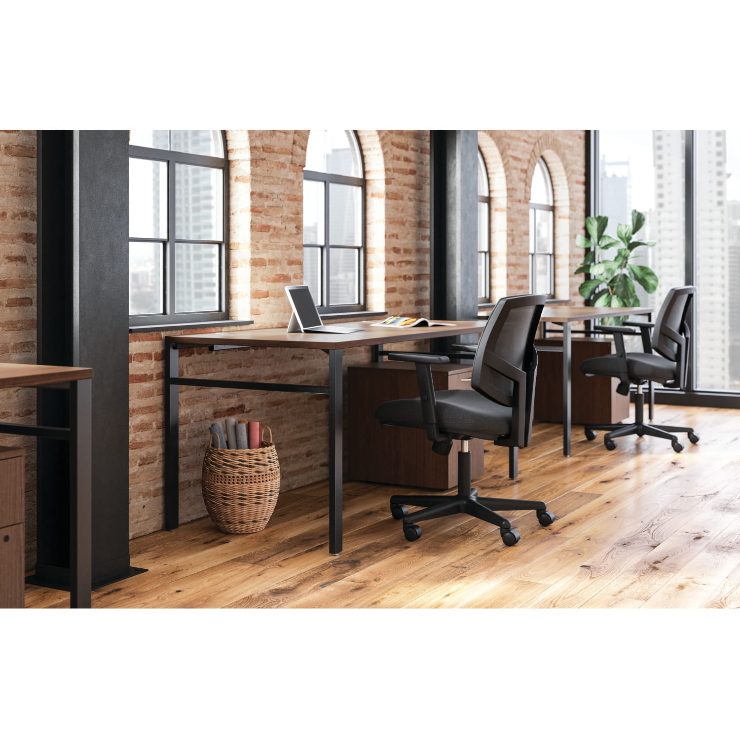 HON Mod Table Desk With U-Legs, 29inH x 66inW x 30inD, Black/Sepia Walnut - Image 3