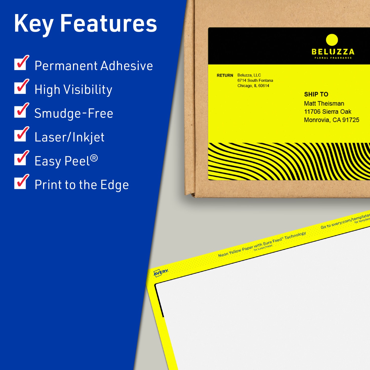 Avery Print-To-The-Edge Labels With Sure Feed Technology And Easy Peel, 94255-NYP40, Rectangle, 4-3/4in x 7-3/4in, Matte Neon Yellow, Pack of 80 - Image 3