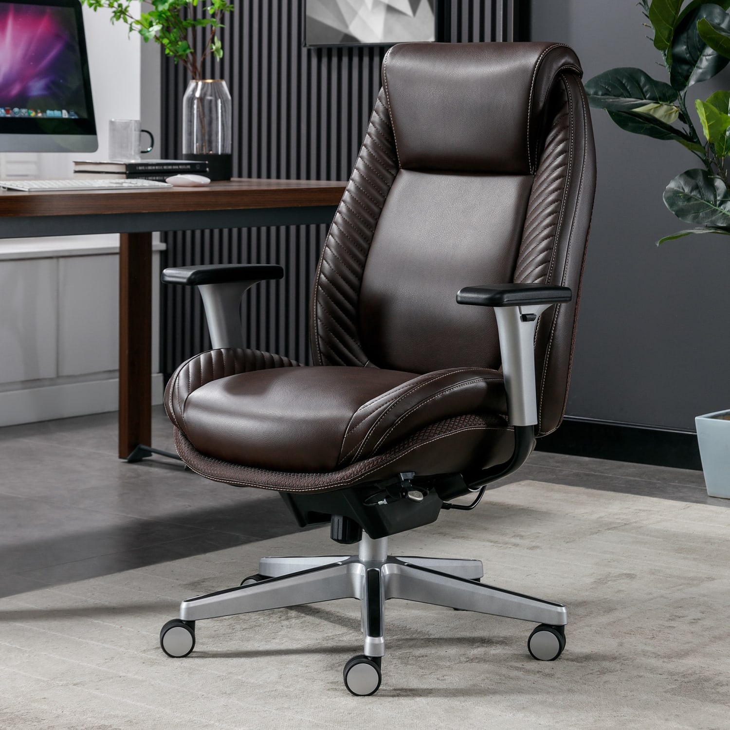 Serta iComfort i6000 Ergonomic Bonded Leather High-Back Manager Chair, Brown/Silver