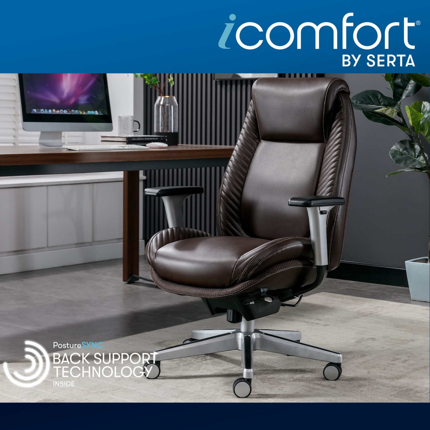 Serta iComfort i6000 Ergonomic Bonded Leather High-Back Manager Chair, Brown/Silver - Image 3