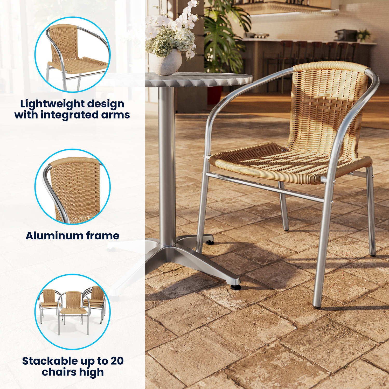 Flash Furniture Lila Rattan Commercial Indoor/Outdoor Restaurant Stack Chair, Beige/Gray - Image 4