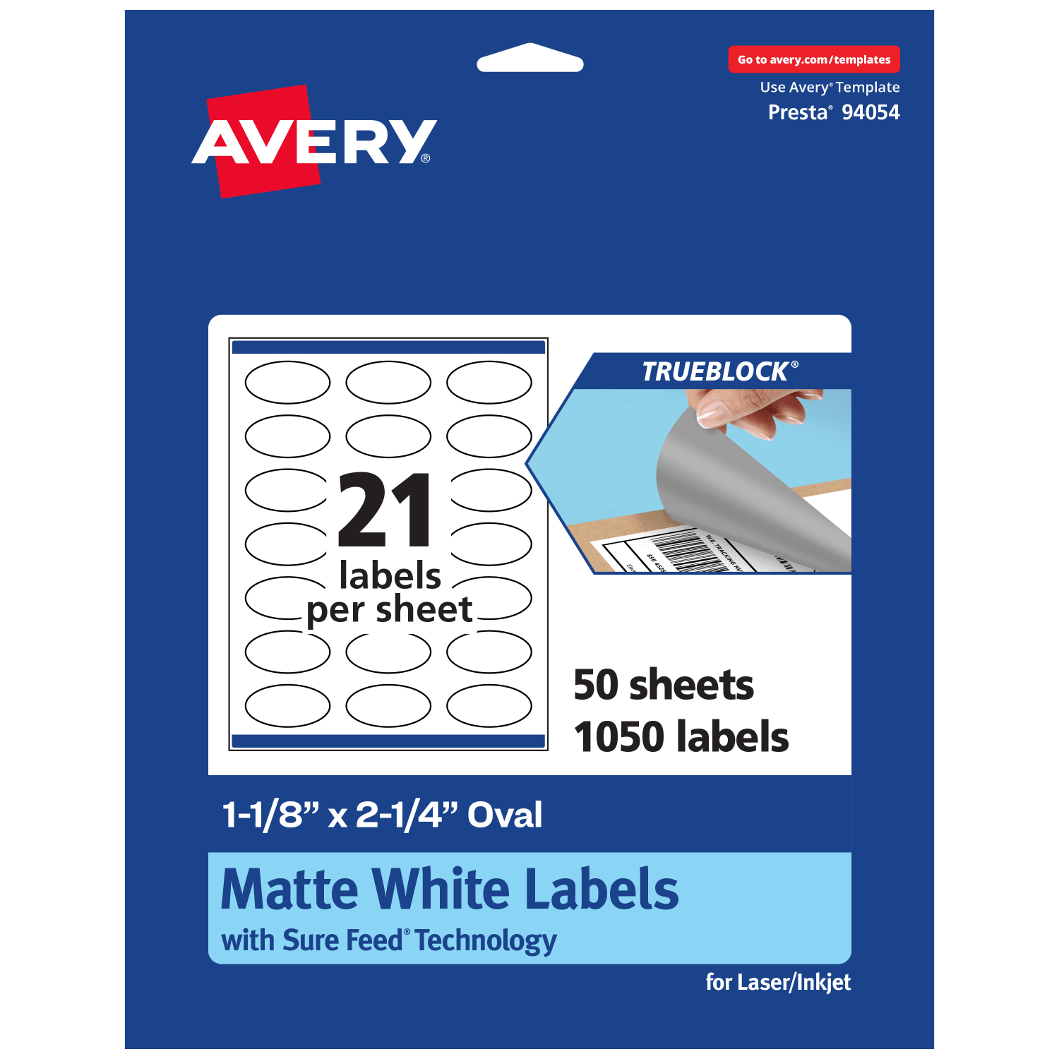 Avery Print-To-The-Edge TrueBlock Labels With Sure Feed, 94054-TWMP50, Oval, 1-1/8in x 2-1/4in, Matte White, Pack Of 1050