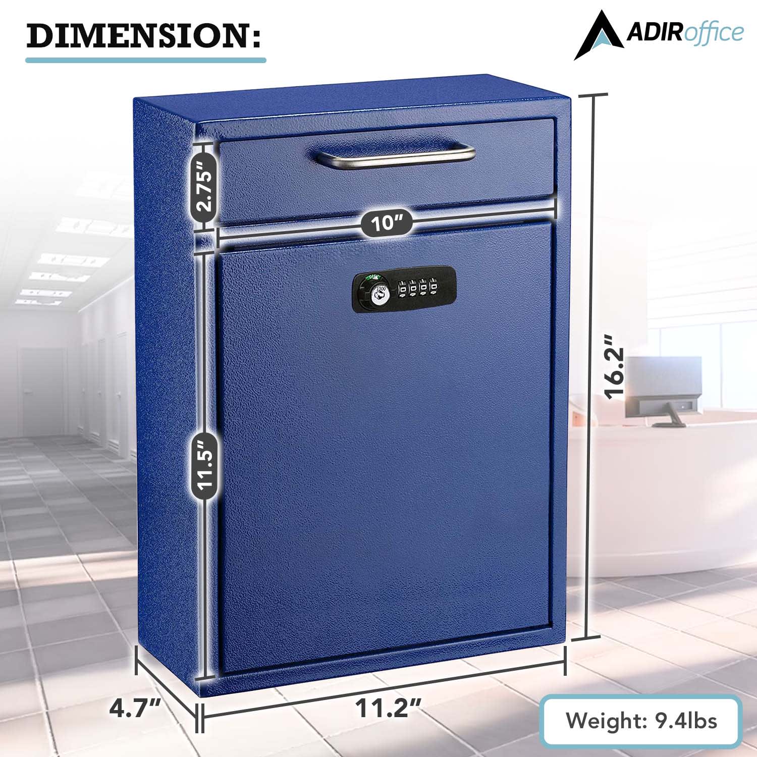 Alpine AdirOffice Large Drop Box Wall Mounted Locking Mail Box With Key And Combination Lock, 16-1/4inH x 11-1/4inW, 4-3/4inD, Blue - Image 3