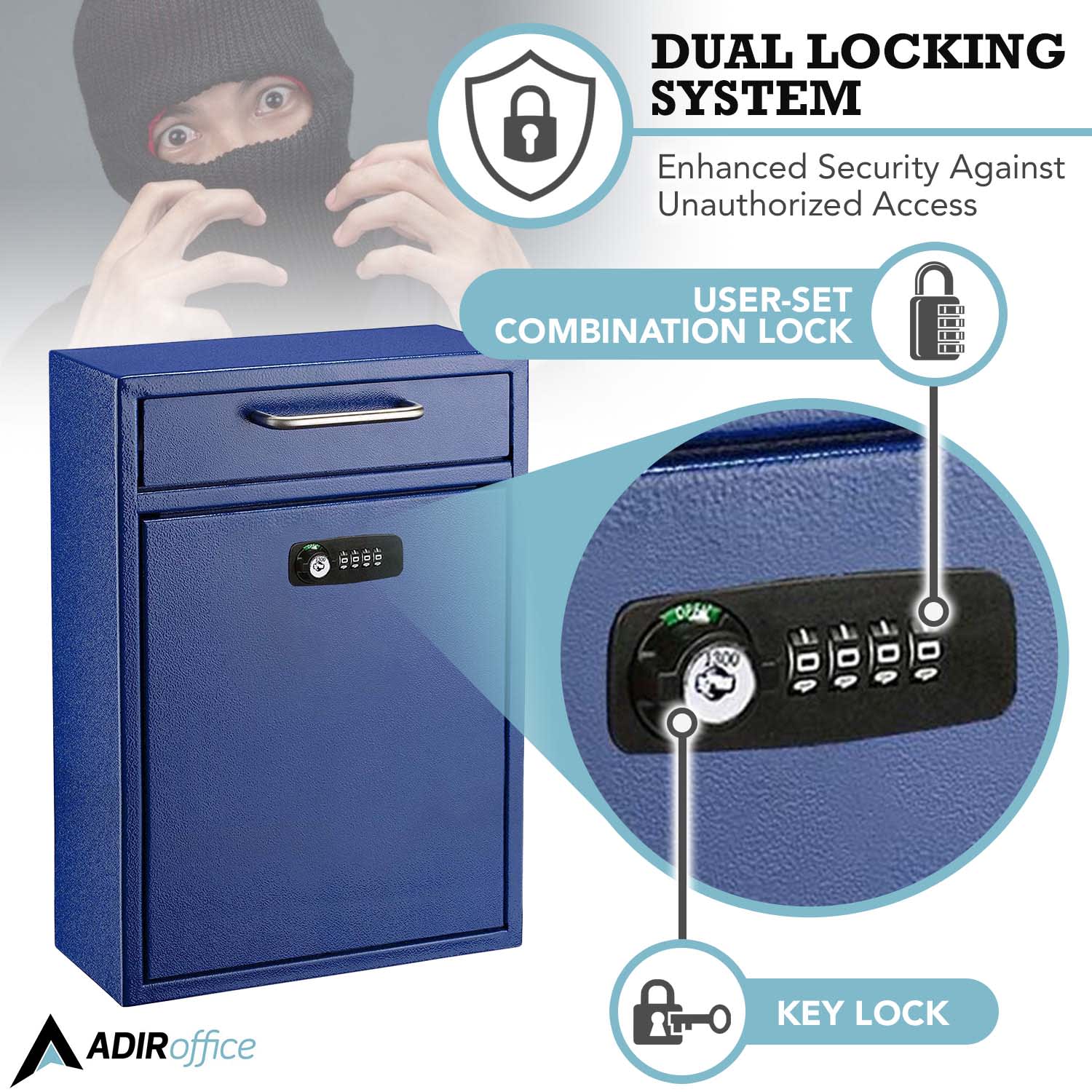 Alpine AdirOffice Large Drop Box Wall Mounted Locking Mail Box With Key And Combination Lock, 16-1/4inH x 11-1/4inW, 4-3/4inD, Blue - Image 4