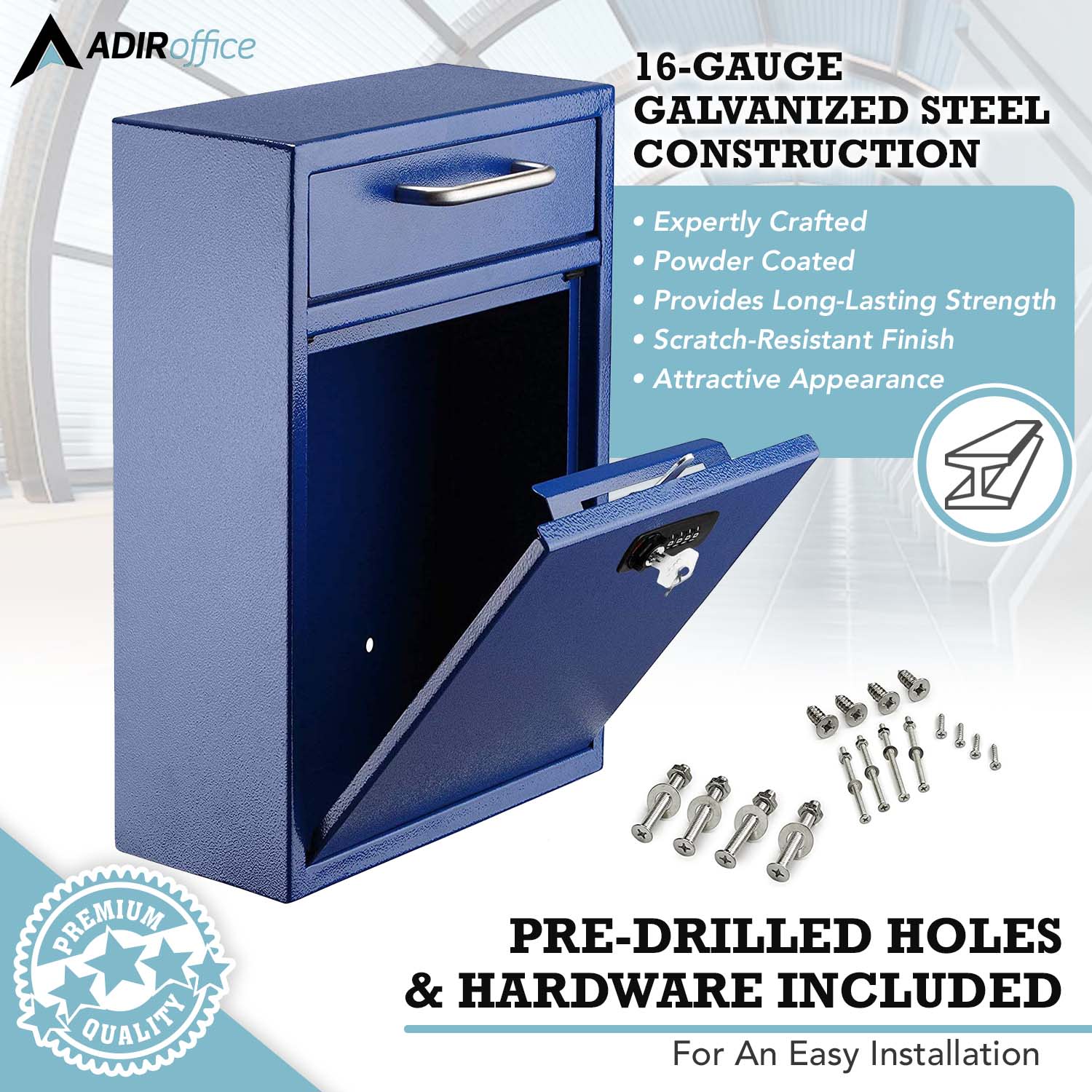 Alpine AdirOffice Large Drop Box Wall Mounted Locking Mail Box With Key And Combination Lock, 16-1/4inH x 11-1/4inW, 4-3/4inD, Blue - Image 5