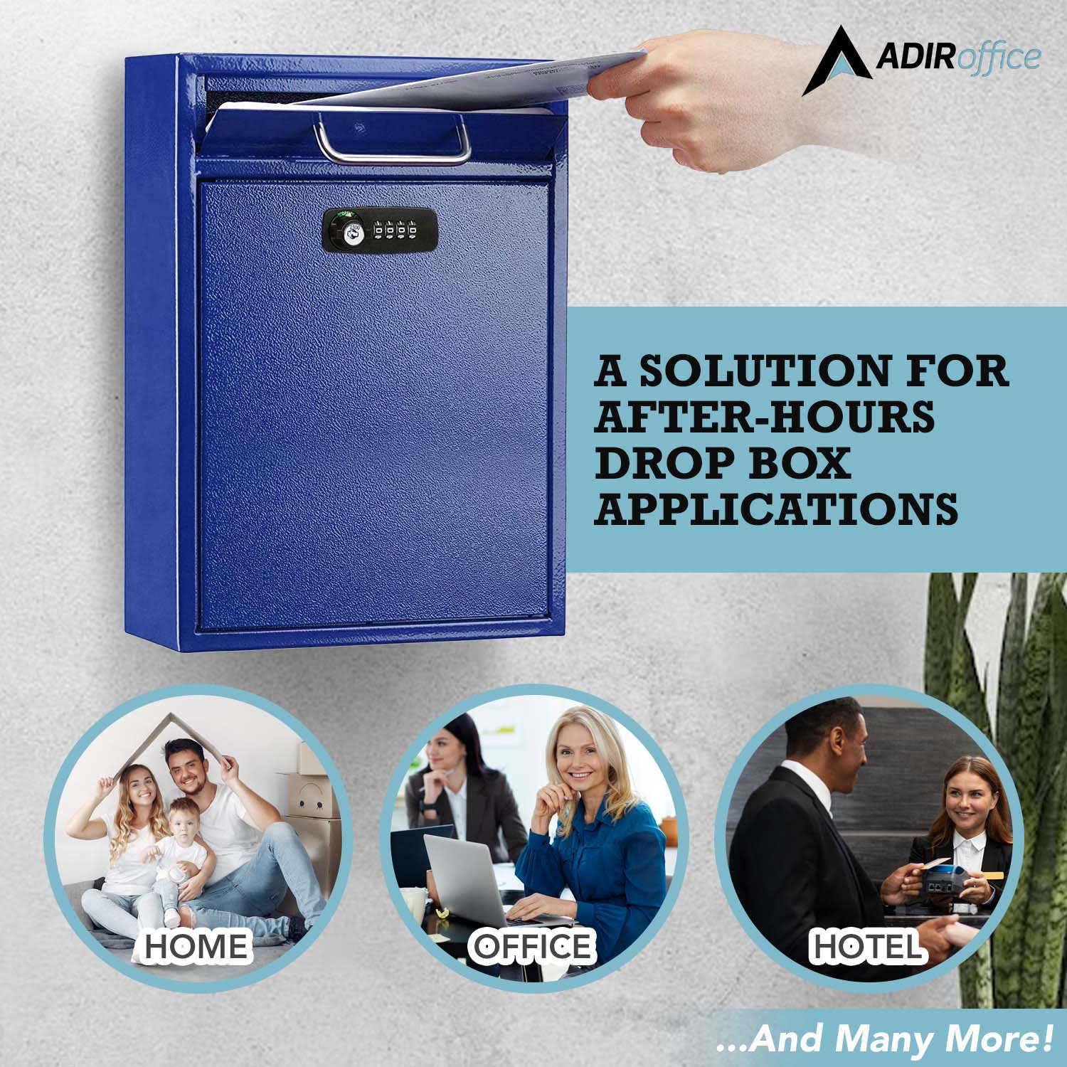 Alpine AdirOffice Large Drop Box Wall Mounted Locking Mail Box With Key And Combination Lock, 16-1/4inH x 11-1/4inW, 4-3/4inD, Blue - Image 6
