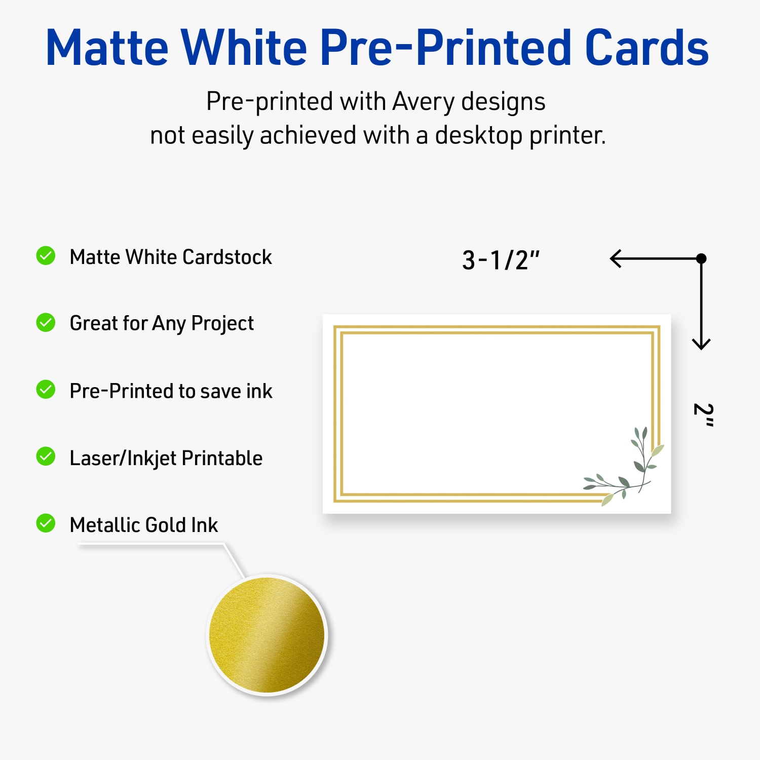 Avery Printable Cards With Sure Feed Technology, 2in x 3-1/2in, Matte White With Gold Double Border Floral Design, Pack Of 80 - Image 4