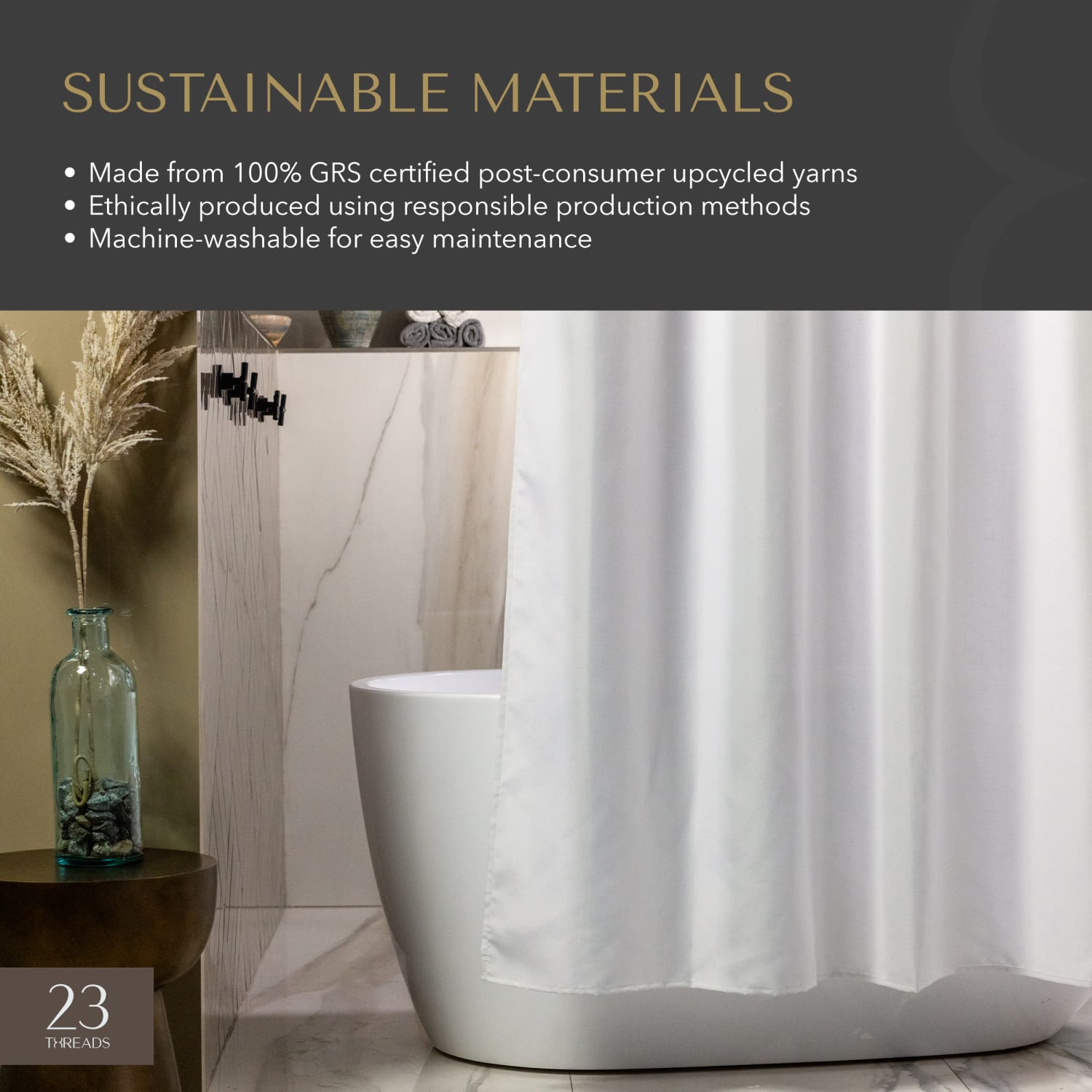 23 Threads Shower Curtain, Textured GRS Polyester, Hook-Free, White, 71in x 74in, Case of 12 - Image 5