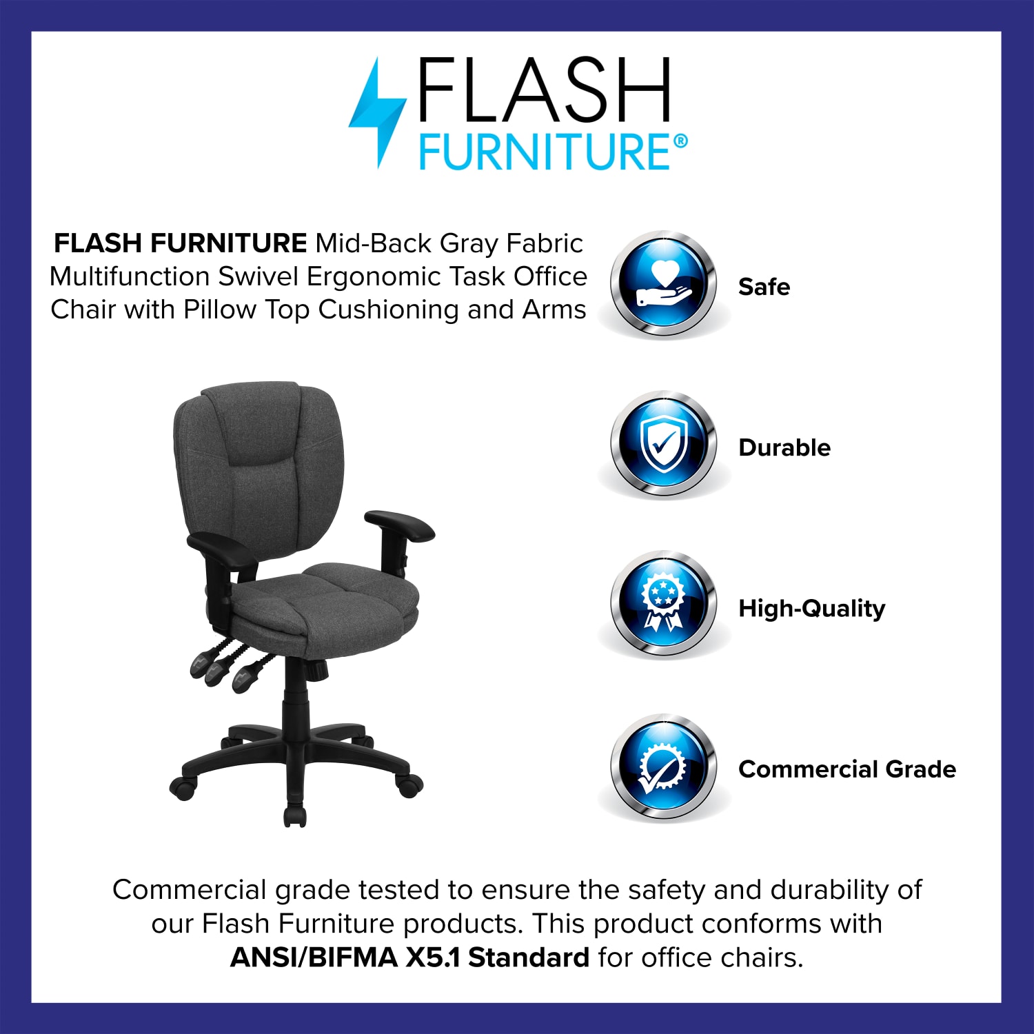 Flash Furniture Fabric Mid-Back Multifunction Ergonomic Swivel Task Chair With Adjustable Arms, Gray/Black - Image 4