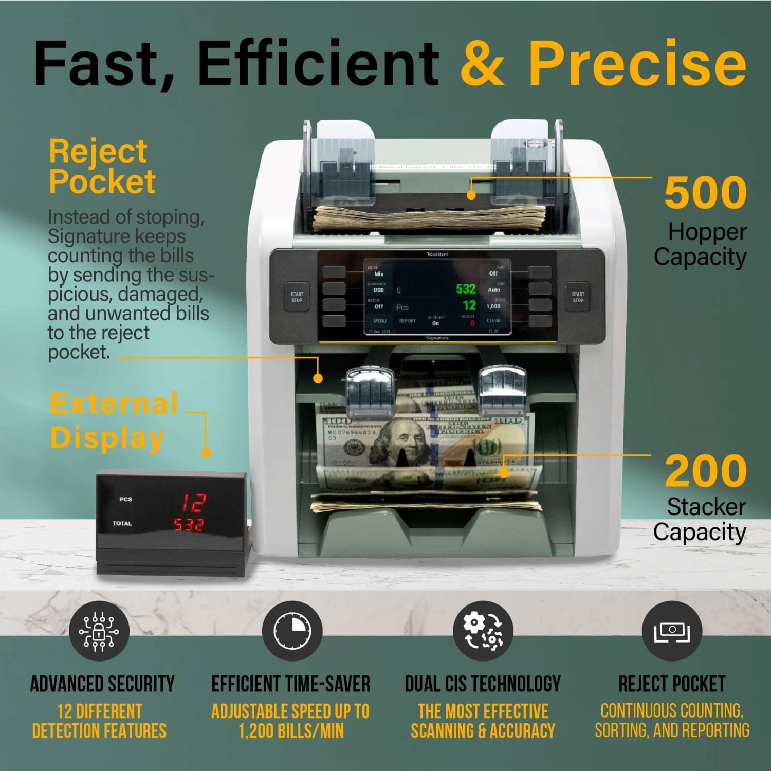 Kolibri Signature V2 Bank-Grade Mixed Denomination Money Counter Machine, 10-1/2inH x 10-1/2inW x 11-3/4inD - Image 4