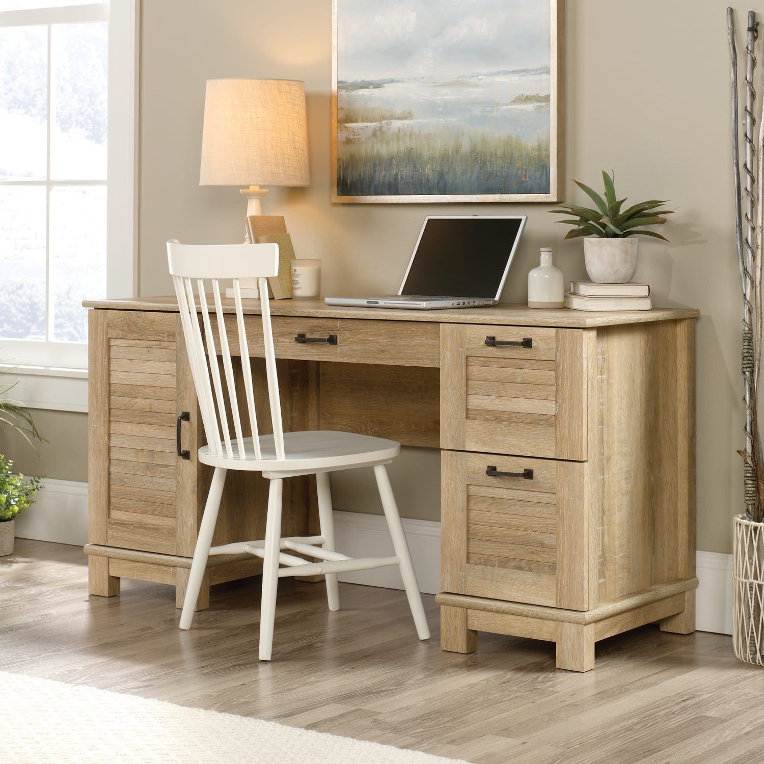 Sauder Garden Villa 59inW Double Pedestal Computer Desk, Orchard Oak - Image 5