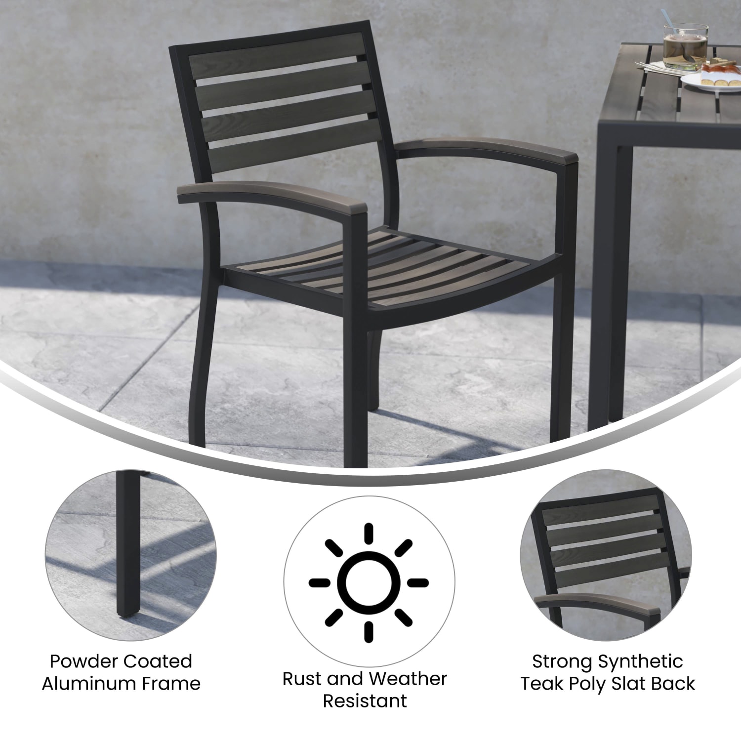 Flash Furniture Lark Aluminum Outdoor Stackable Side Chairs, Gray Wash Teak/Black, Set Of 2 Chairs - Image 6