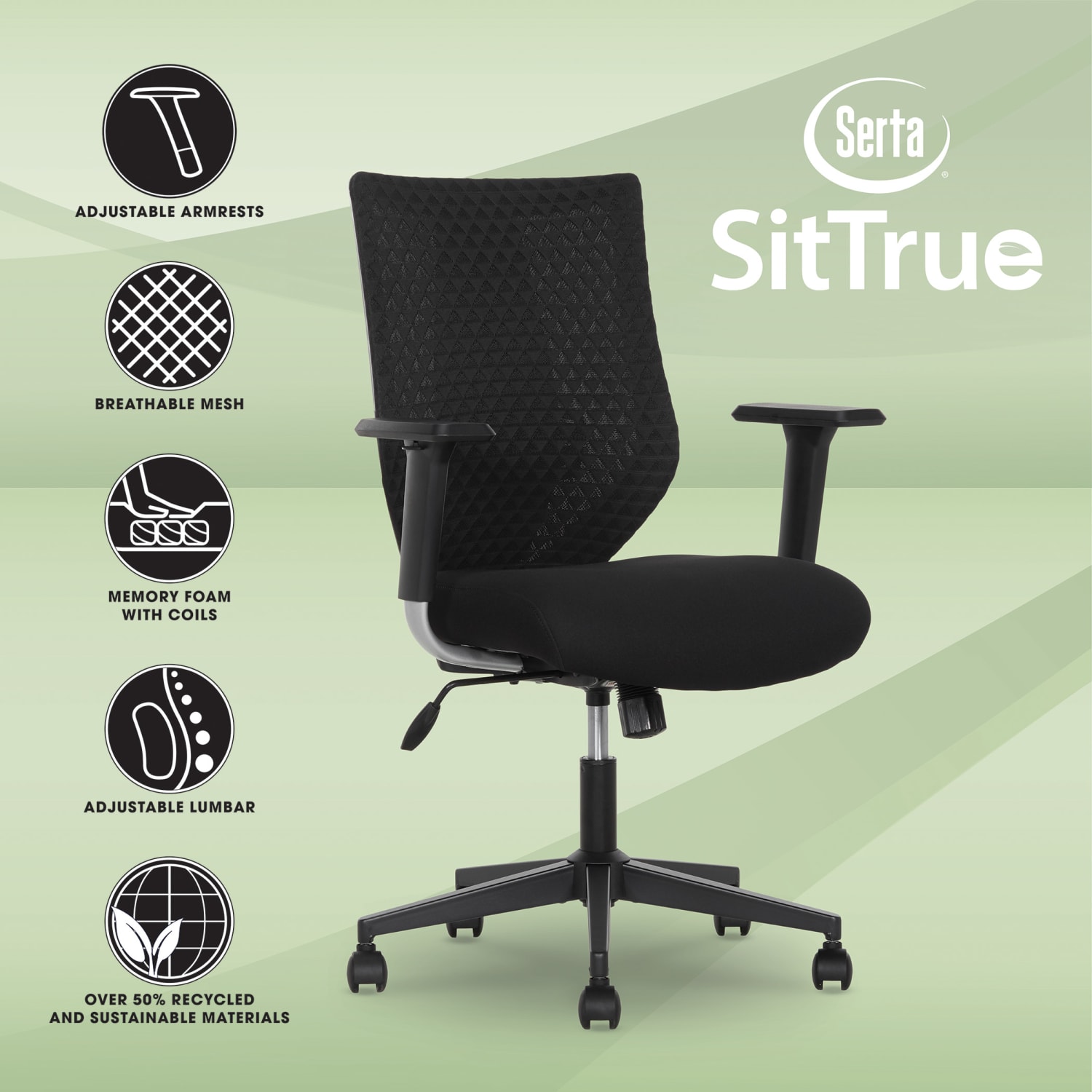 Serta SitTrue Riverdale Ergonomic Mesh/Fabric High-Back Task Chair, 50% Recycled, Black, BIFMA Compliant - Image 4
