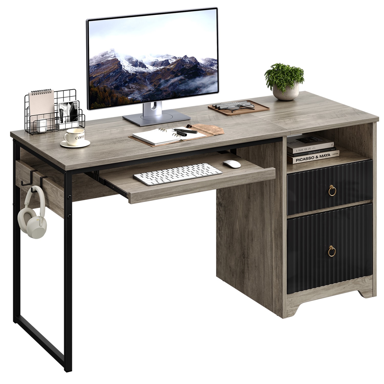 Bestier 56inW Writing Computer Desk With Storage And Keyboard Tray, Gray