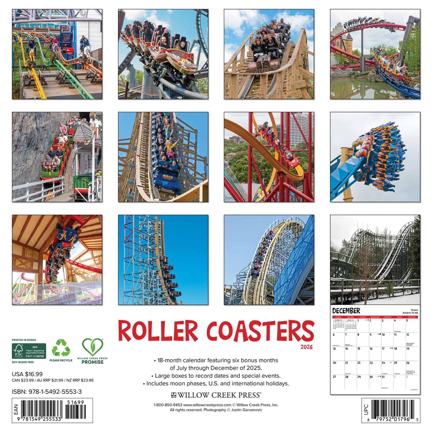 2026 Willow Creek Press Art & Design Monthly Wall Calendar, 12in x 12in, Roller Coasters, January To December, 55533 - Image 6
