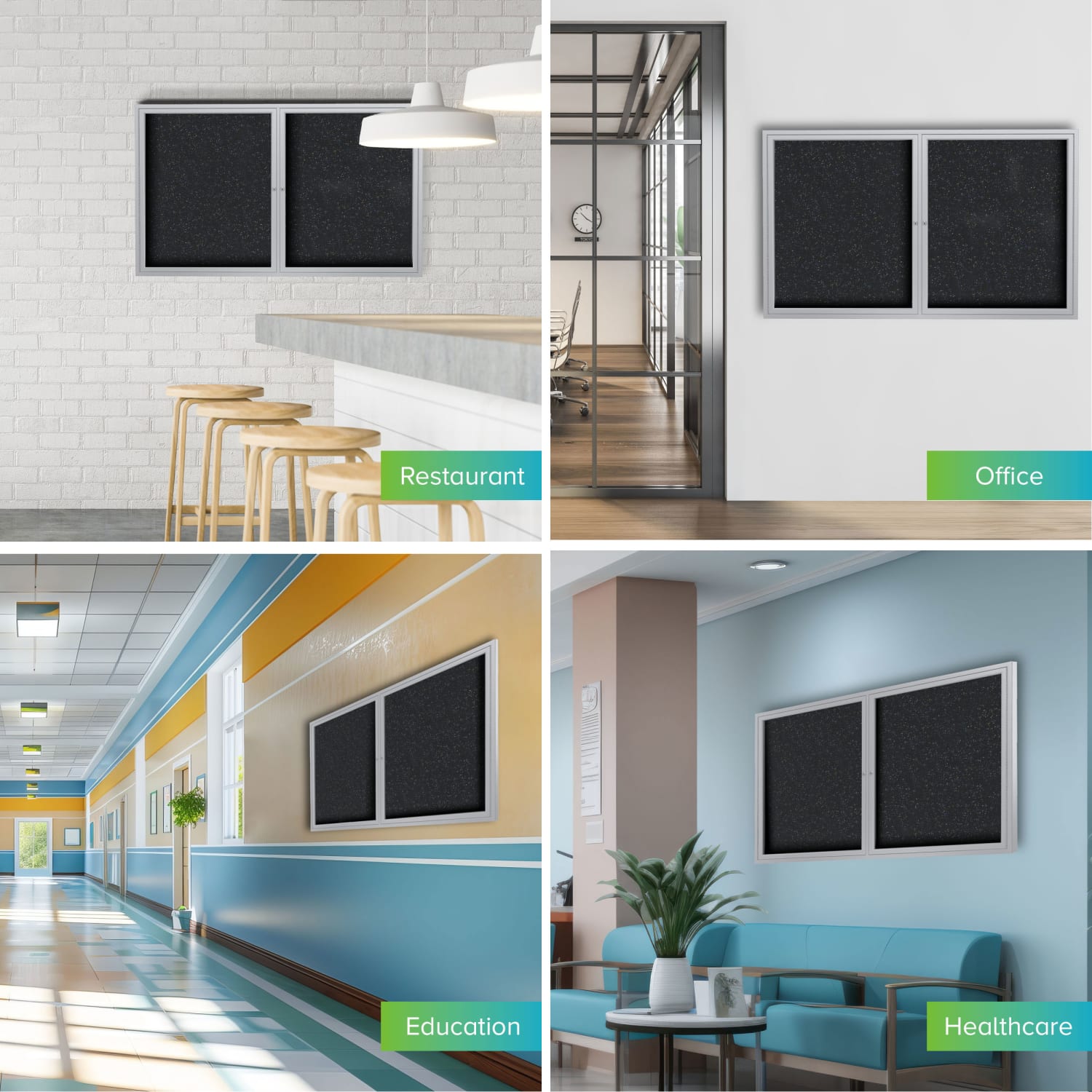 Ghent 2 Door Enclosed Recycled Rubber Bulletin Board, Satin Aluminum Frame, 36inH x 60inW, Confetti - Image 4