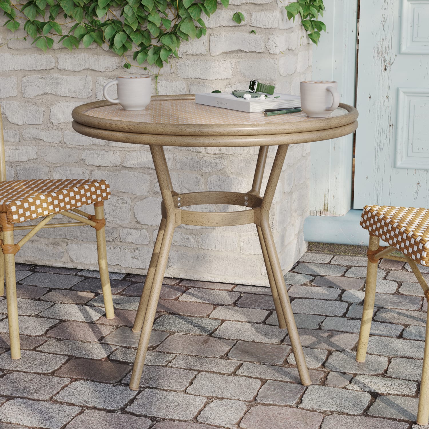 Flash Furniture Lourdes Indoor/Outdoor Commercial Bistro 31.5in Table, Natural & White Rattan/Light Natural Frame - SDA64280NATWHLN - Image 3
