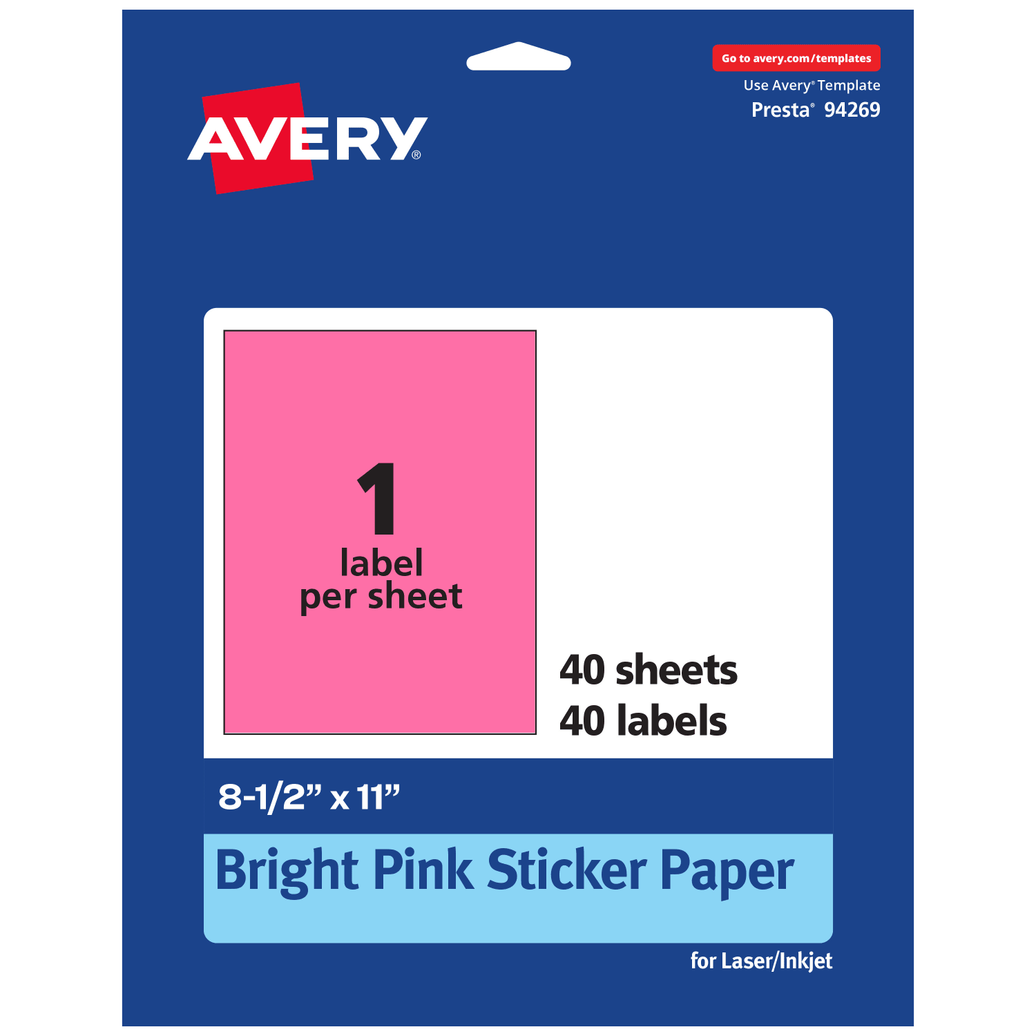 Avery Printable Sticker Paper, 94269-BPP40, Rectangle, 8-1/2in x 11in, Matte Bright Pink, Pack of 40