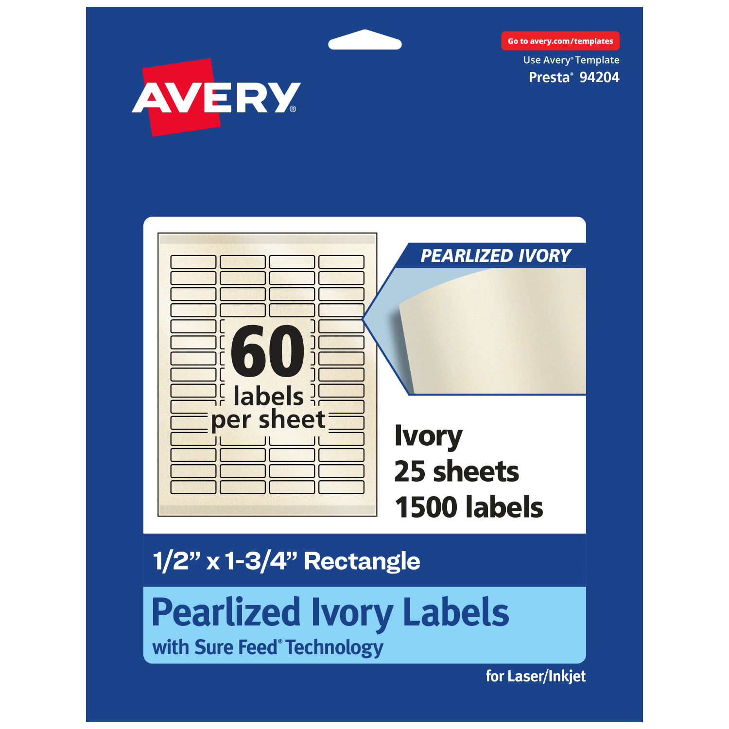 Avery Pearlized Permanent Labels With Sure Feed, 94204-PIP25, Rectangle, 1/2in x 1-3/4in, Ivory, Pack Of 1,500 Labels