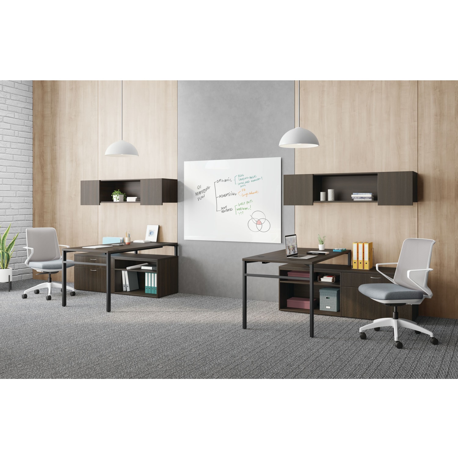 HON Mod 60inW Computer Desk Workstation With Wall Mount Storage, Black/Java Oak
