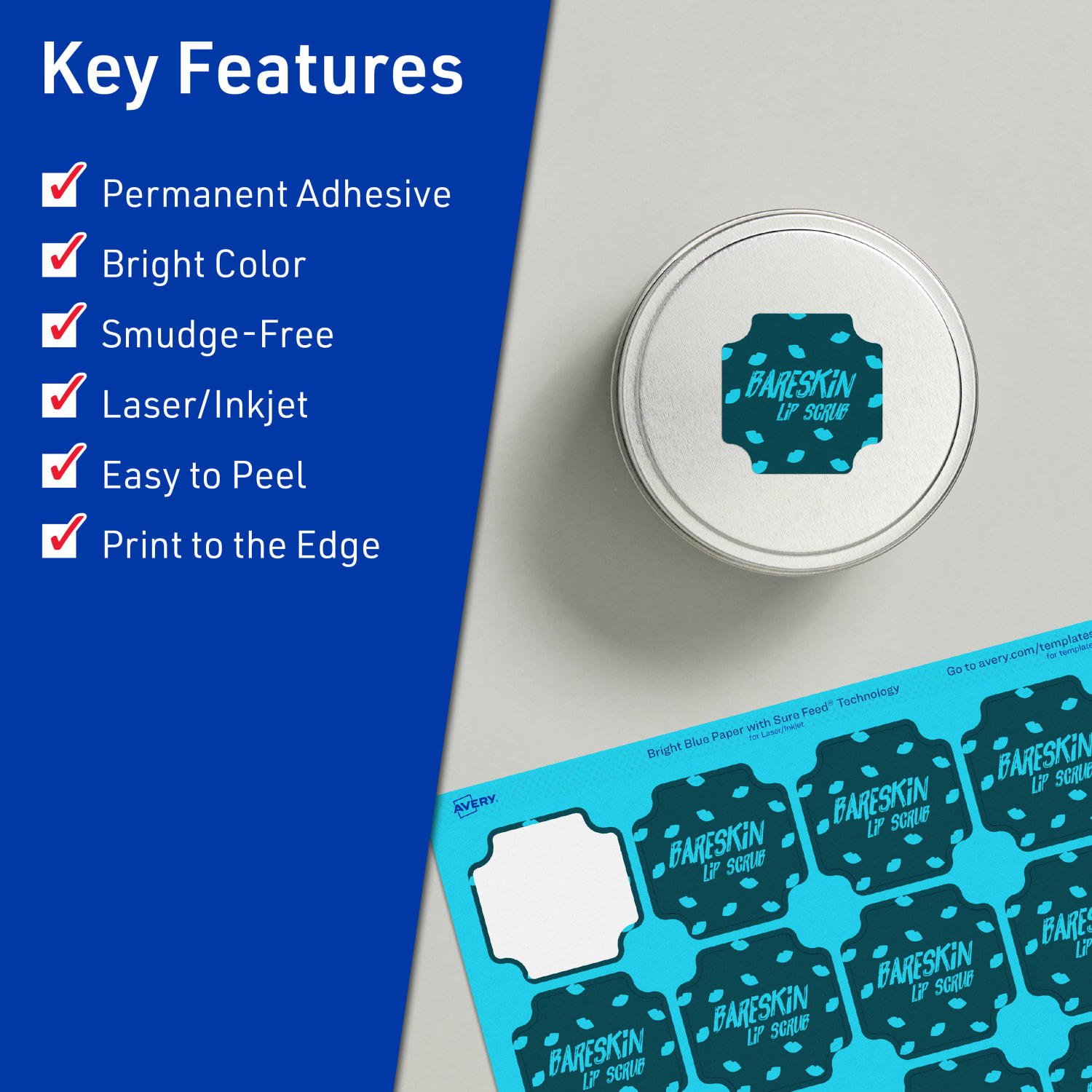 Avery Print-To-The-Edge Labels With Sure Feed Technology, 94110-BBP40, Square Scalloped, 1-5/8in x 1-5/8in, Matte Bright Blue, Pack of 800 - Image 3