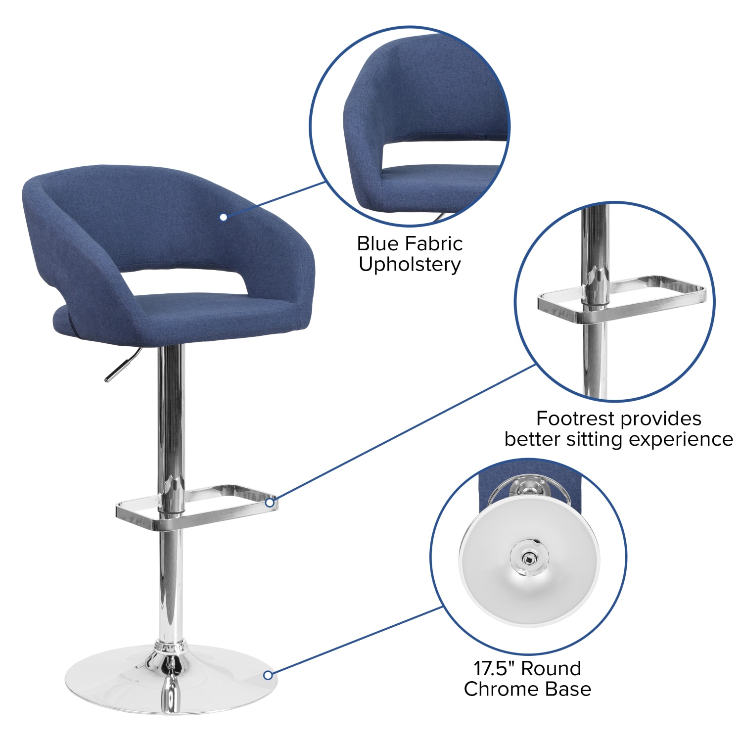 Flash Furniture Contemporary Fabric Adjustable Height Bar Stool With Rounded Mid-Back, Blue/Chrome - Image 6