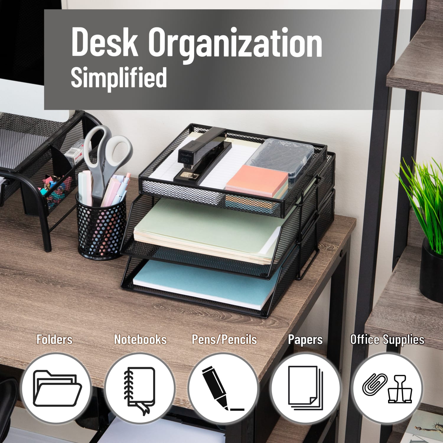 Mind Reader 2-Tier Paper Tray With Top Supply Compartment, 6-3/4inH x 13-1/4inW x 10-1/2inD, Black - Image 3