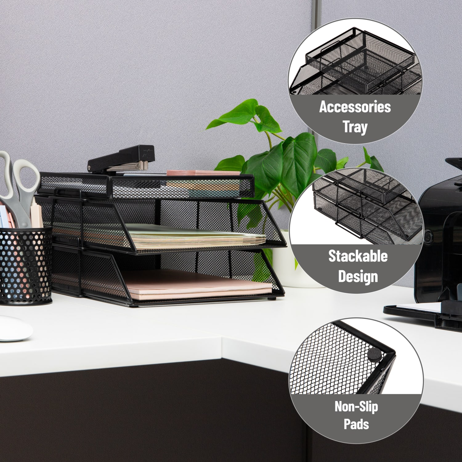 Mind Reader 2-Tier Paper Tray With Top Supply Compartment, 6-3/4inH x 13-1/4inW x 10-1/2inD, Black - Image 5