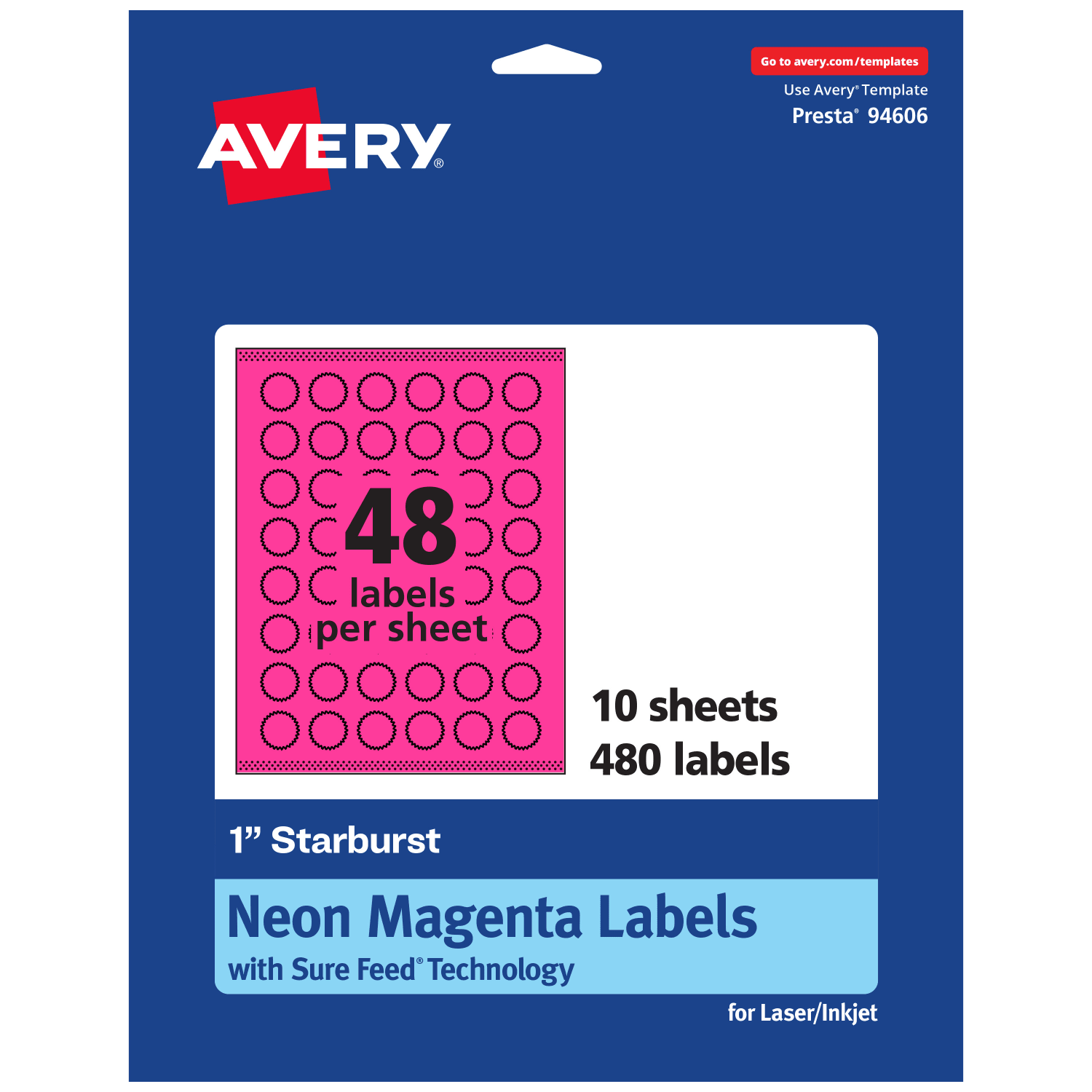 Avery Print-To-The-Edge Labels With Sure Feed Technology, 94606-NMP10, Starburst, 1in, Matte Neon Magenta, Pack of 480