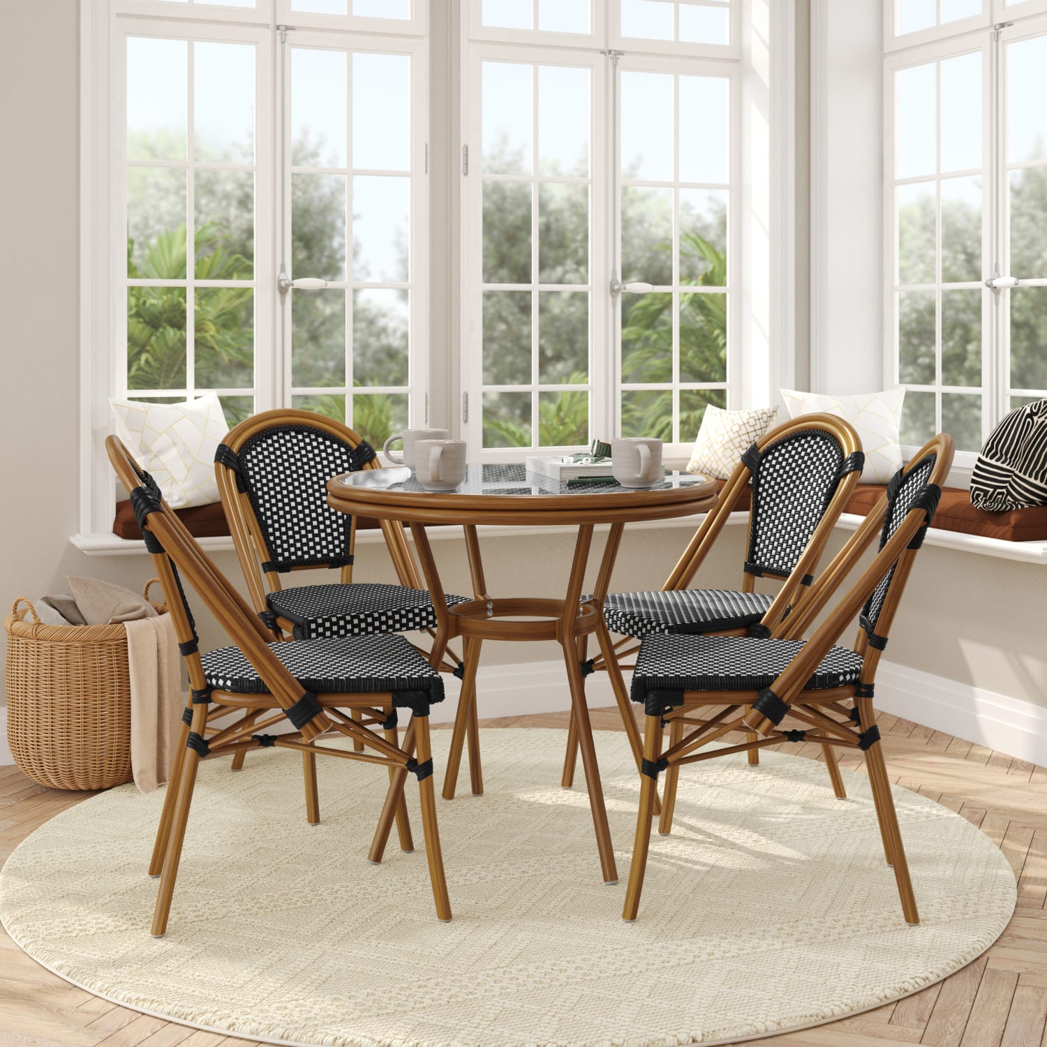 Flash Furniture Bordeaux Indoor/Outdoor Commercial Bistro 31.5in Table, PE Rattan, Glass Top with 4 Stack Chairs, Black & White Rattan/Natural Frame - Image 3