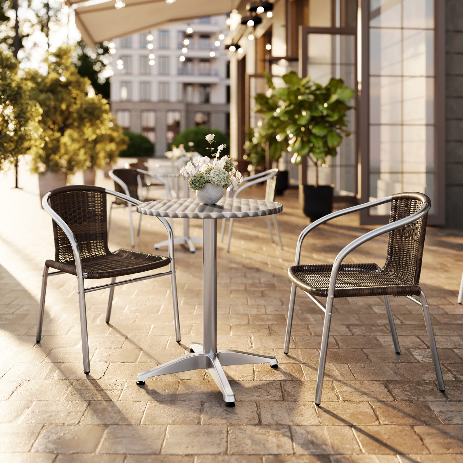 Flash Furniture Round Aluminum Table With 2 Rattan Chairs, 27-1/2in x 23-1/2in, Dark Brown - Image 3