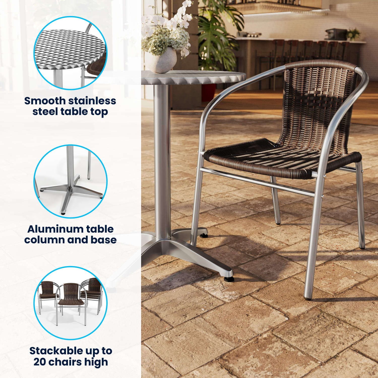 Flash Furniture Round Aluminum Table With 2 Rattan Chairs, 27-1/2in x 23-1/2in, Dark Brown - Image 4