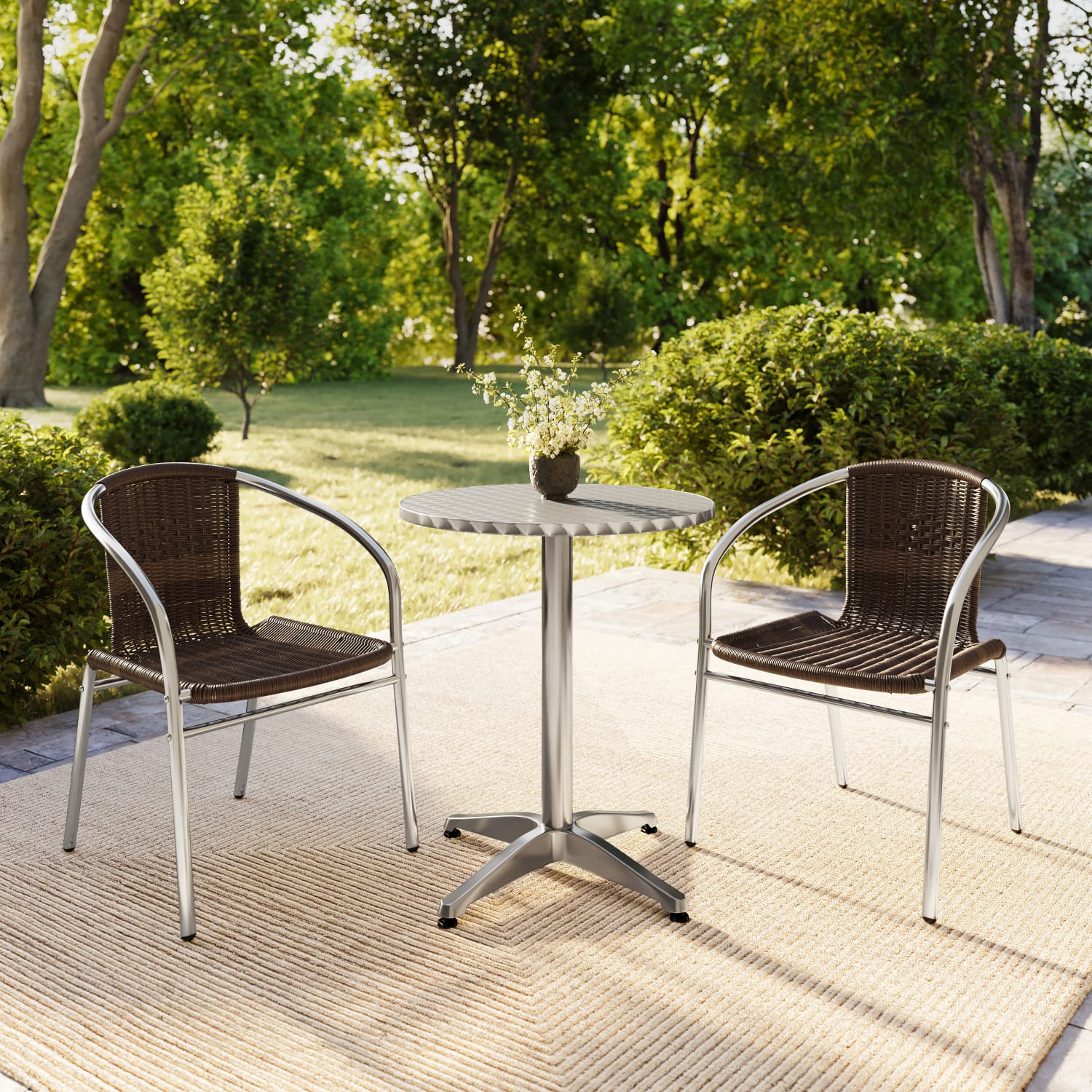 Flash Furniture Round Aluminum Table With 2 Rattan Chairs, 27-1/2in x 23-1/2in, Dark Brown - Image 6